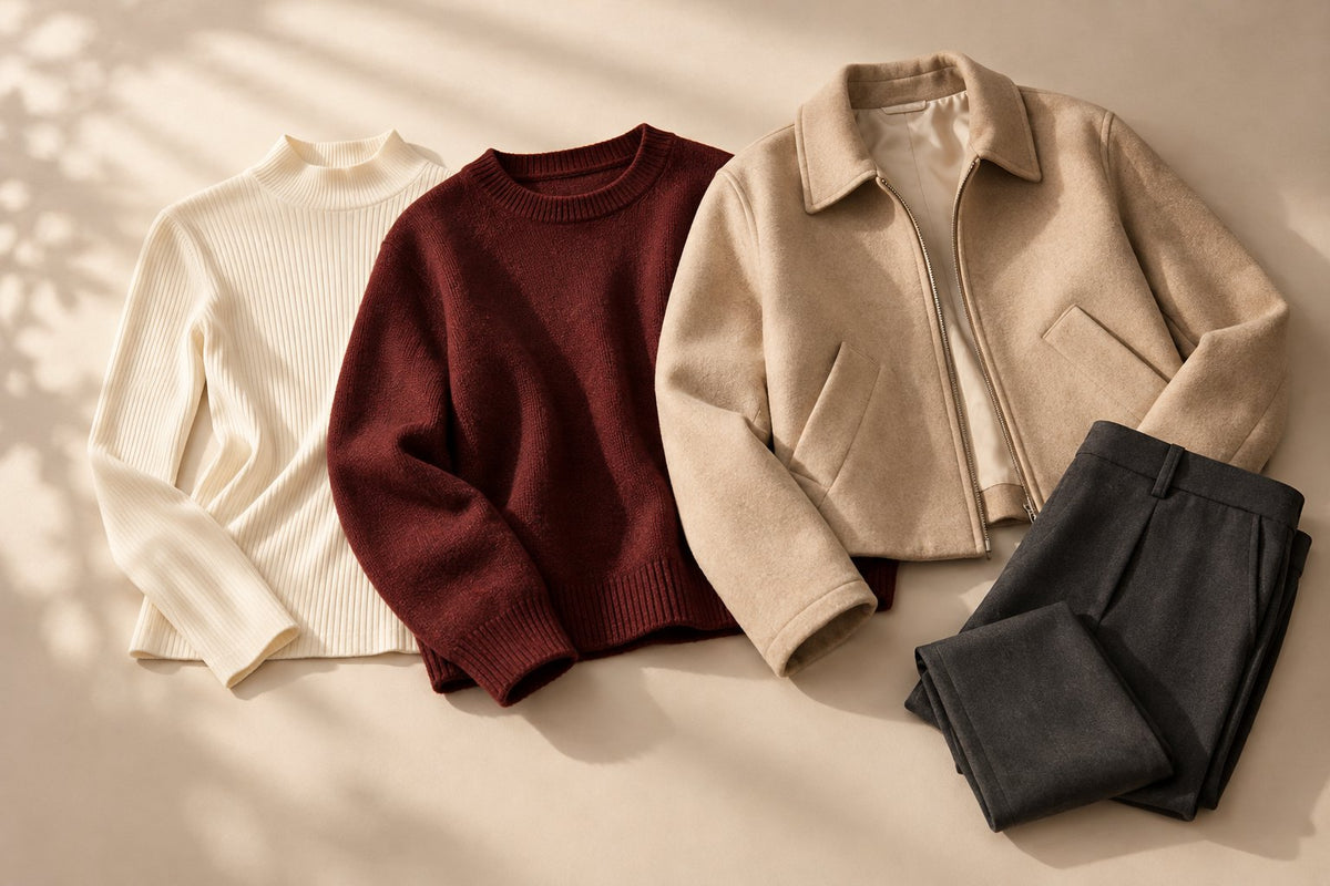 Generated editorial still life showing an ivory base layer, burgundy knit, sand jacket and charcoal trousers
