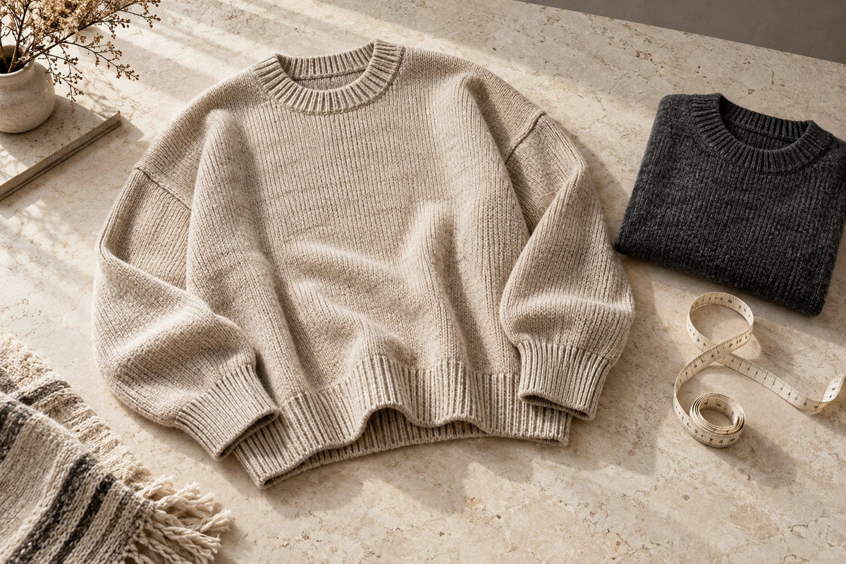Generated editorial still life of an oatmeal oversized knit, a folded charcoal sweater and a measuring tape