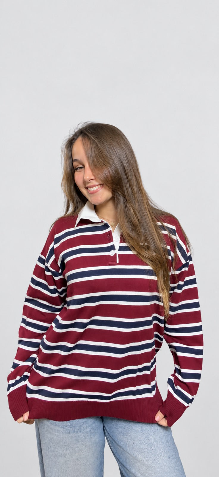 GUMUS Rugby Stripe Knit Polo in Burgundy