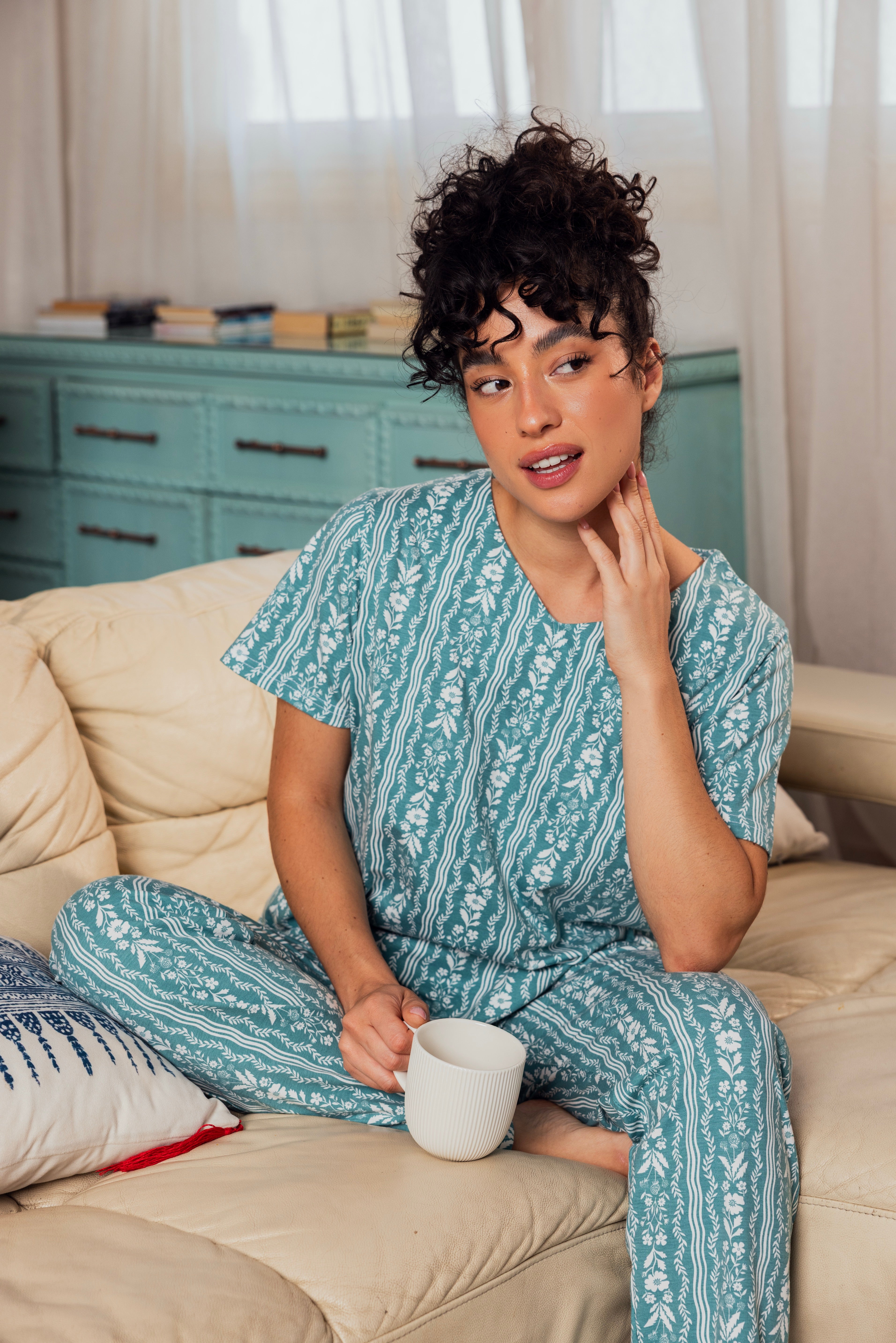 Green Cotton Printed Pajama Set