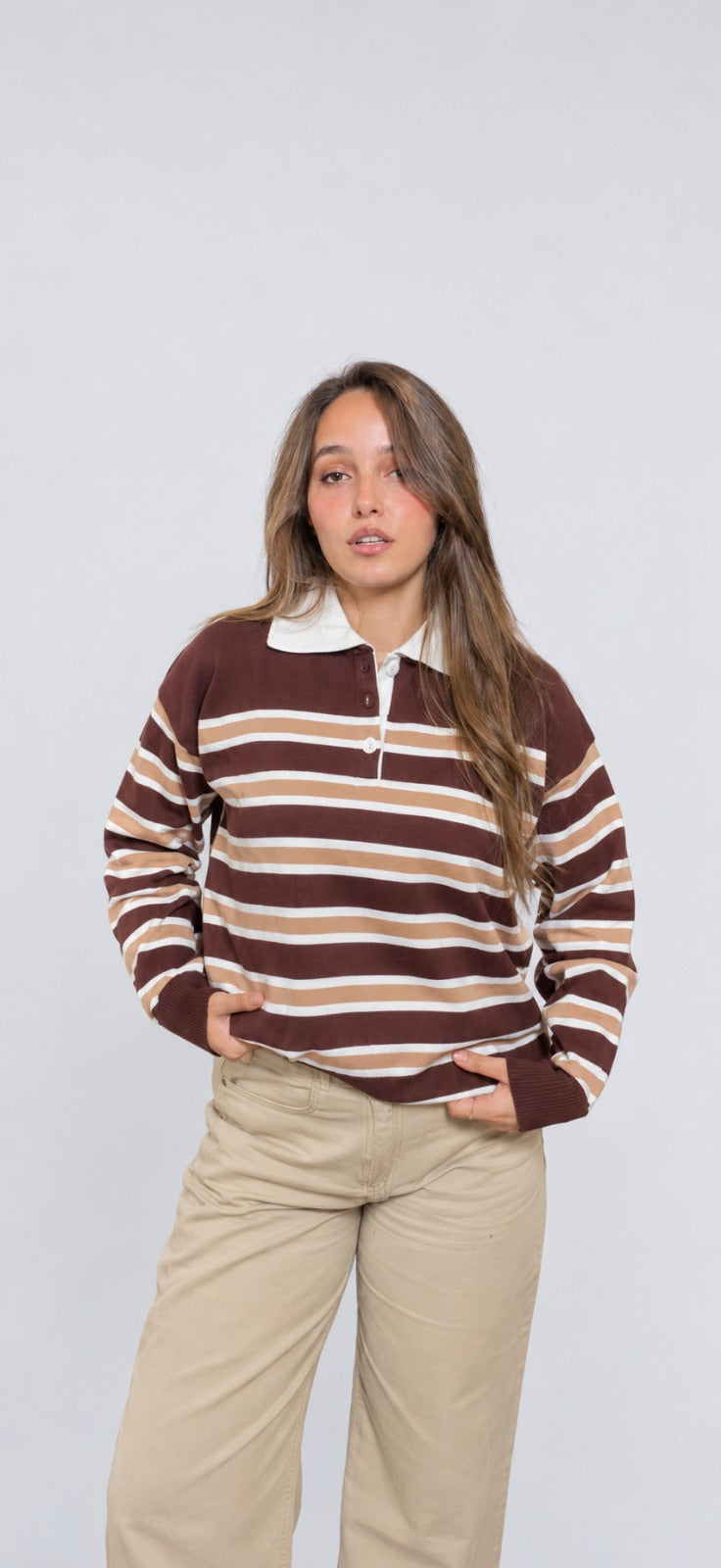 GUMUS Rugby Stripe Knit Polo in Chocolate