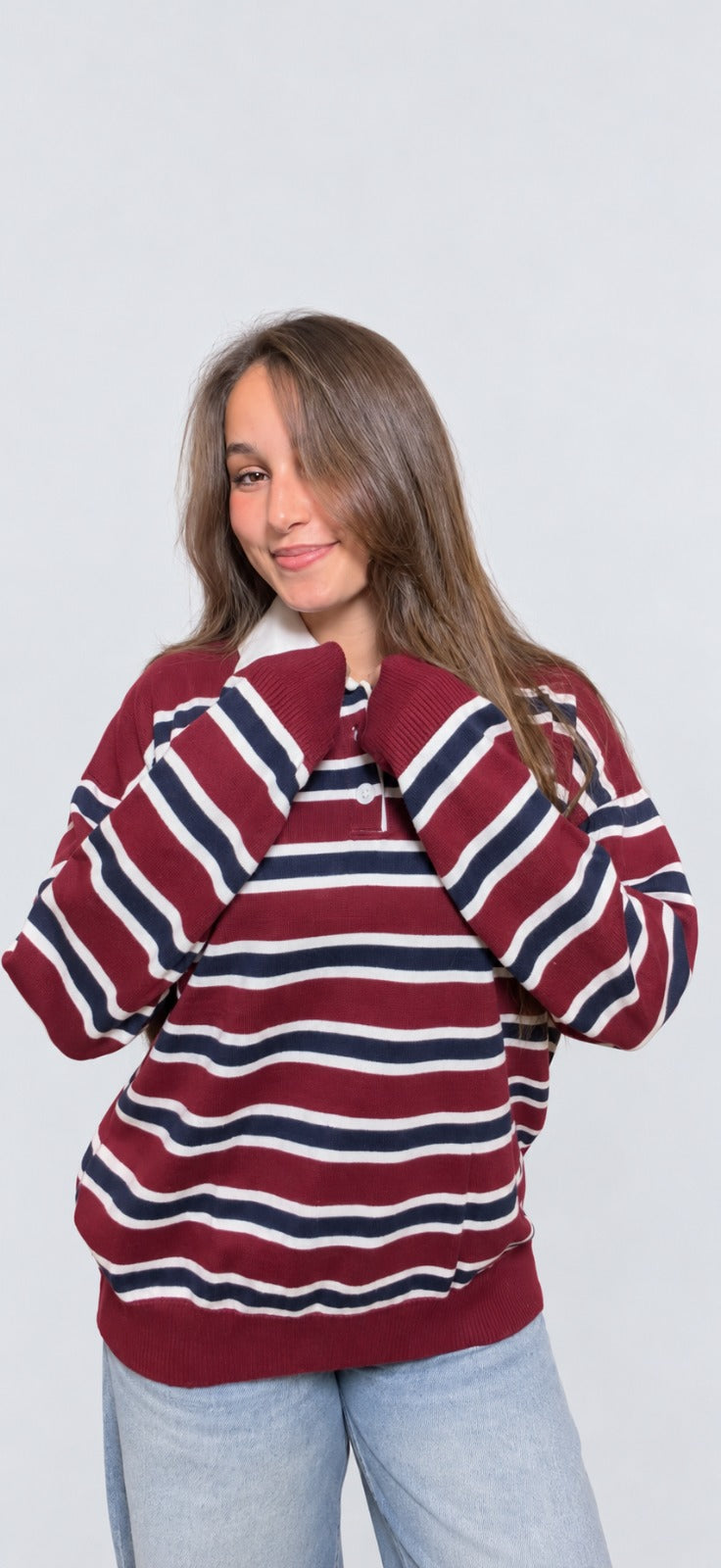 GUMUS Rugby Stripe Knit Polo in Burgundy
