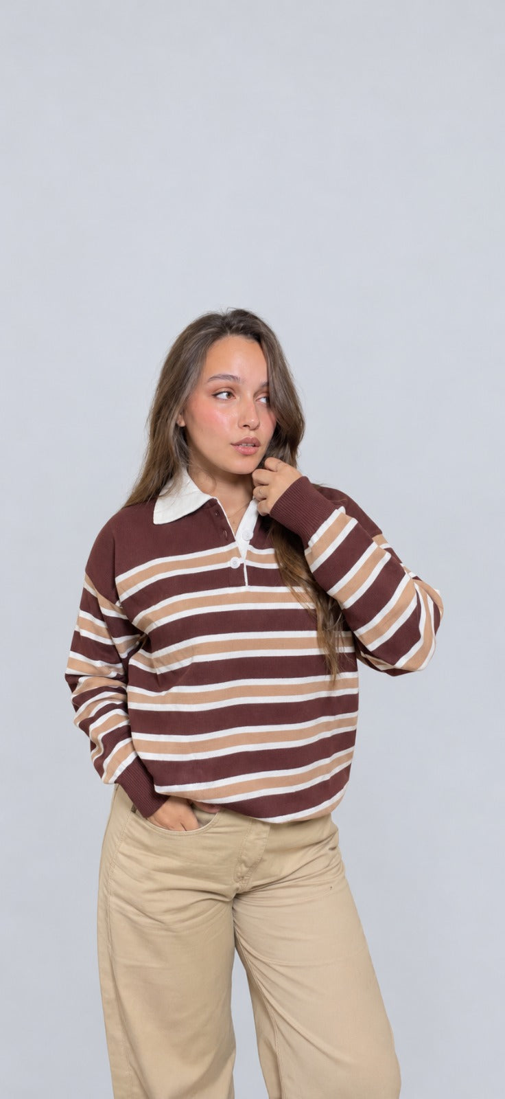GUMUS Rugby Stripe Knit Polo in Chocolate