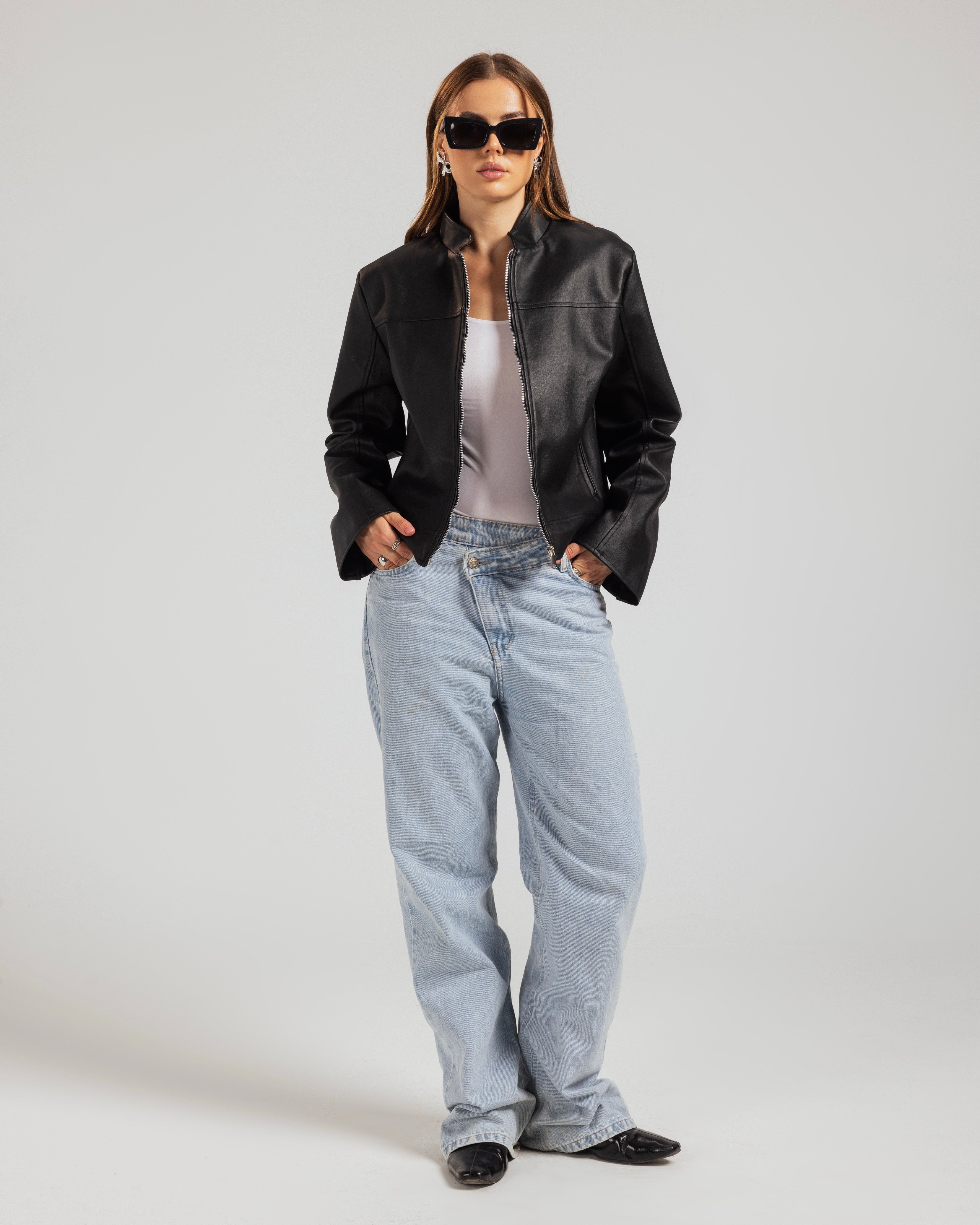 Cropped Leather Zip Jacket