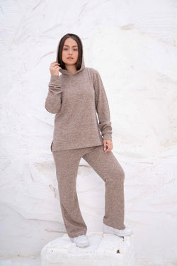 Image of Mocha Brown Rib Hooded Lounge Set