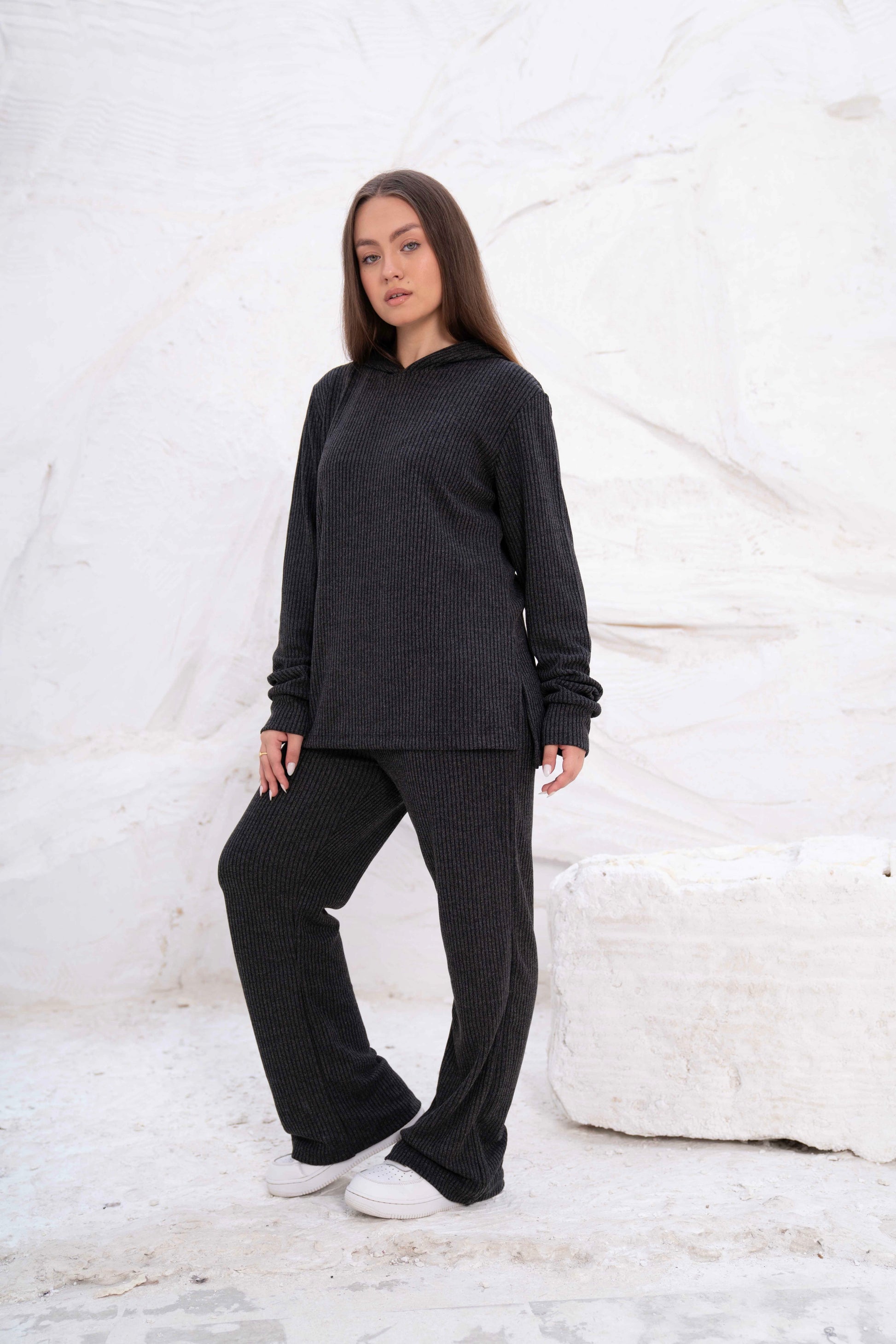 Black Rib Hooded Lounge Set