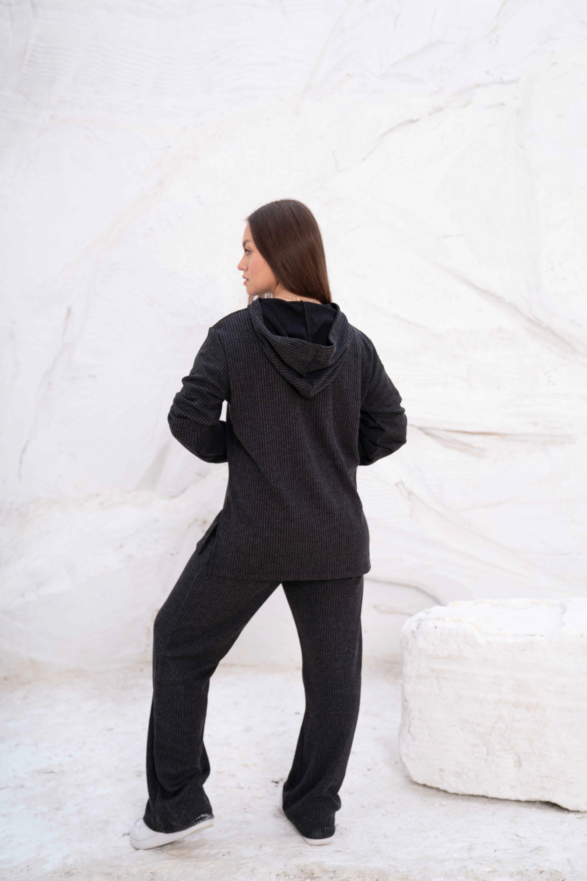 Black Rib Hooded Lounge Set