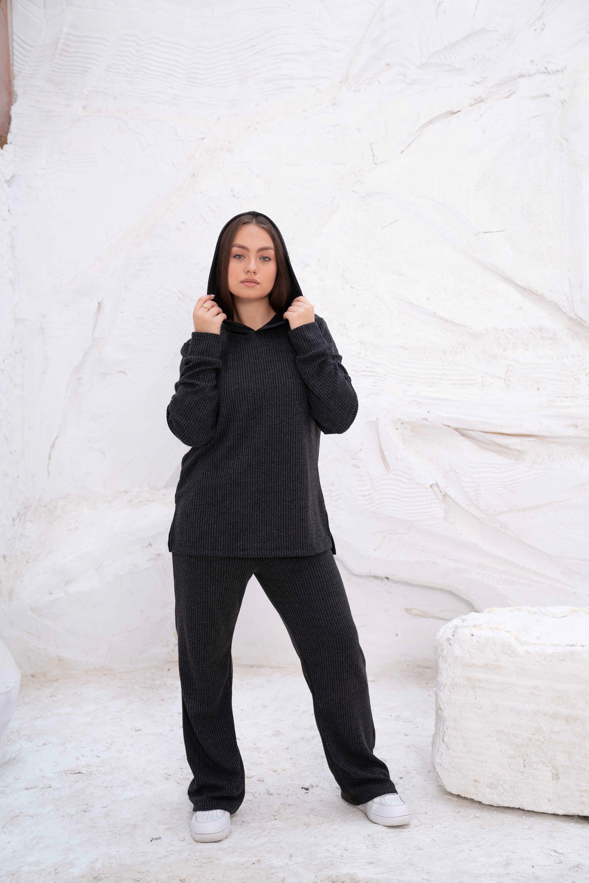 Black Rib Hooded Lounge Set