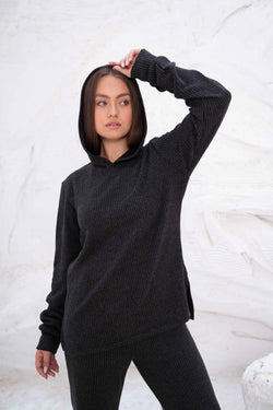 Image of Black Rib Hooded Lounge Set