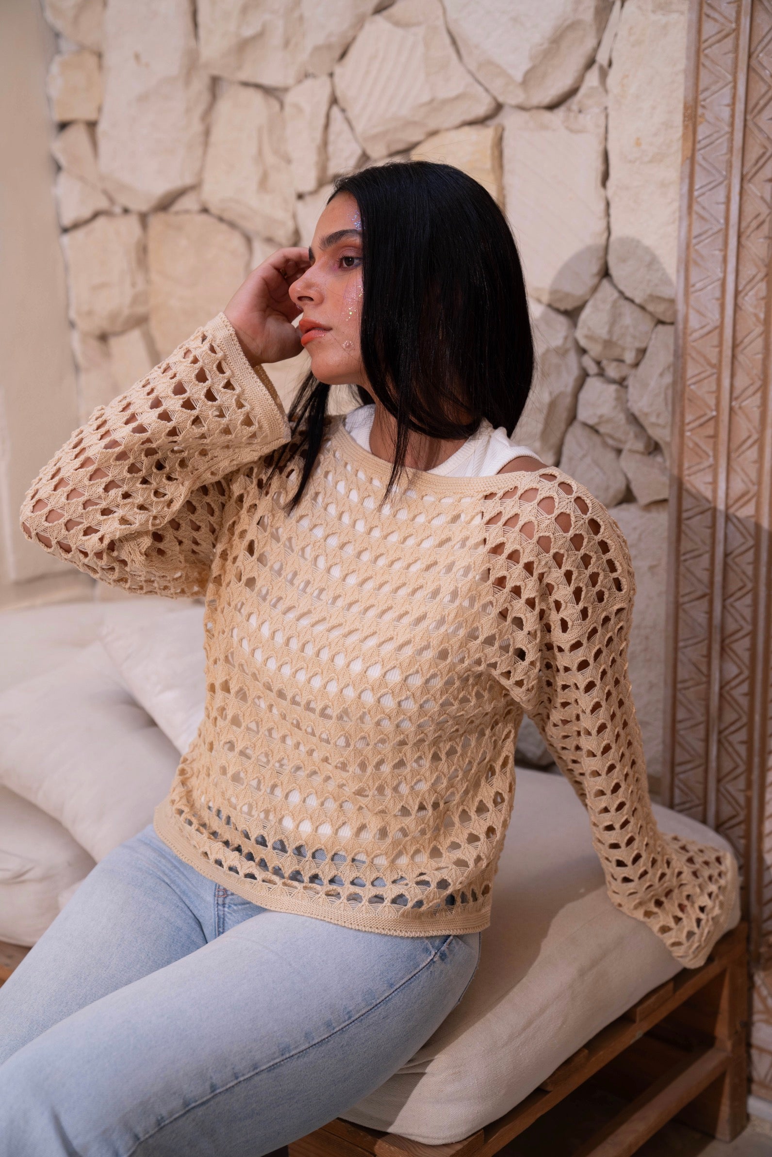 Gumus Beige Mesh Blouse