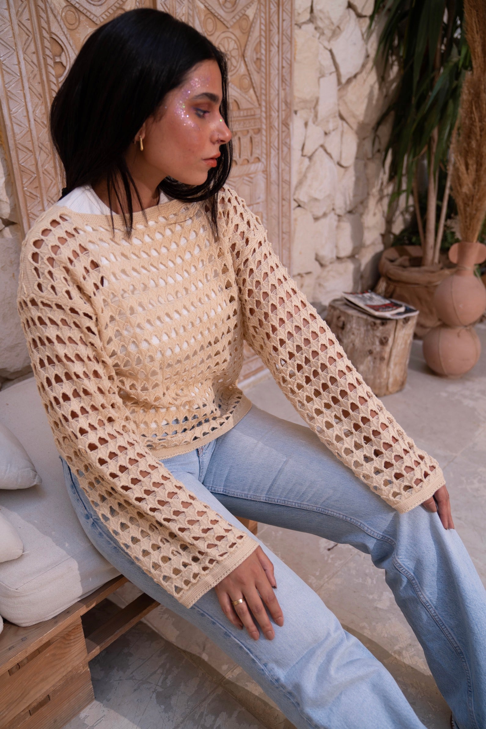 Gumus Beige Mesh Blouse