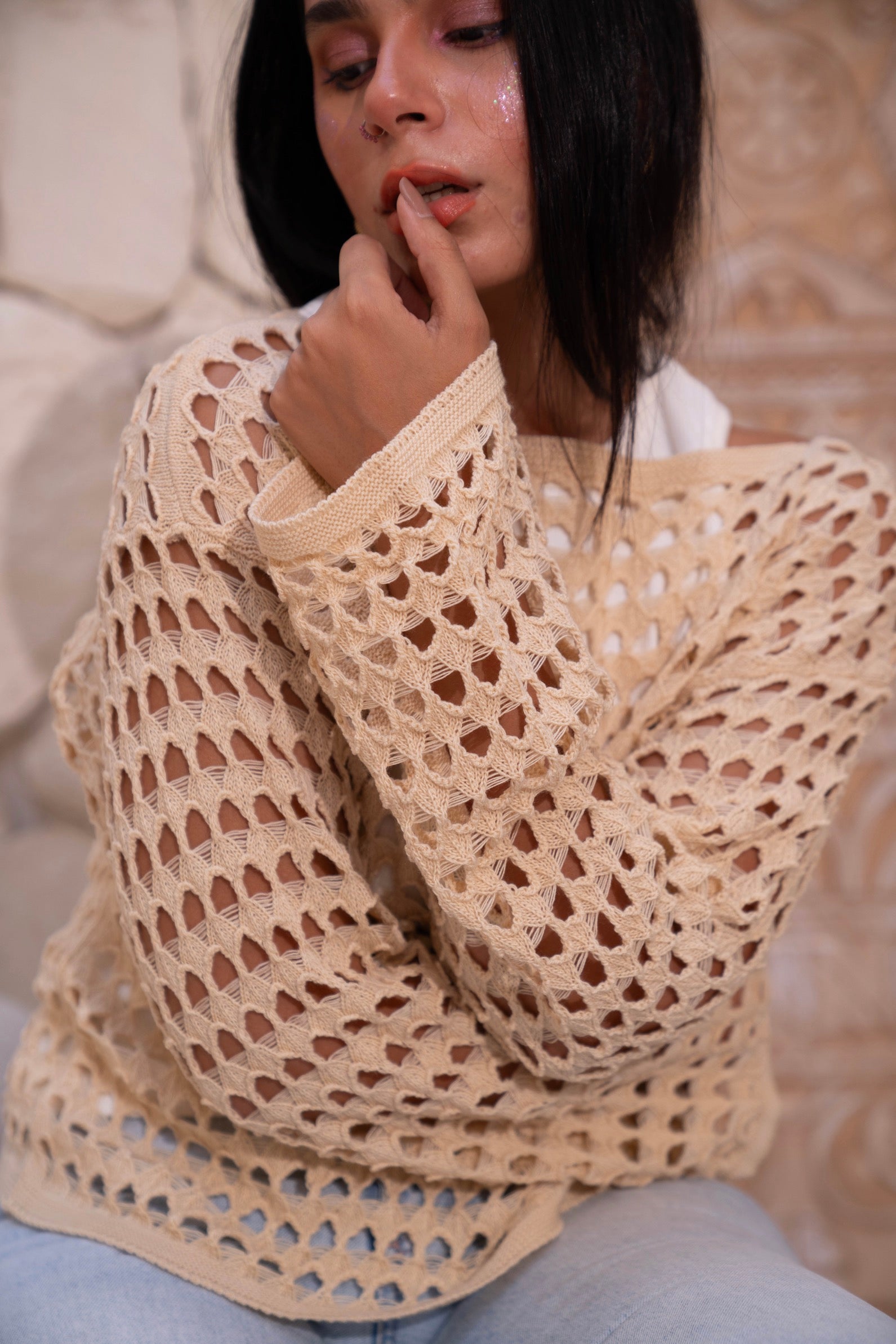 Gumus Beige Mesh Blouse