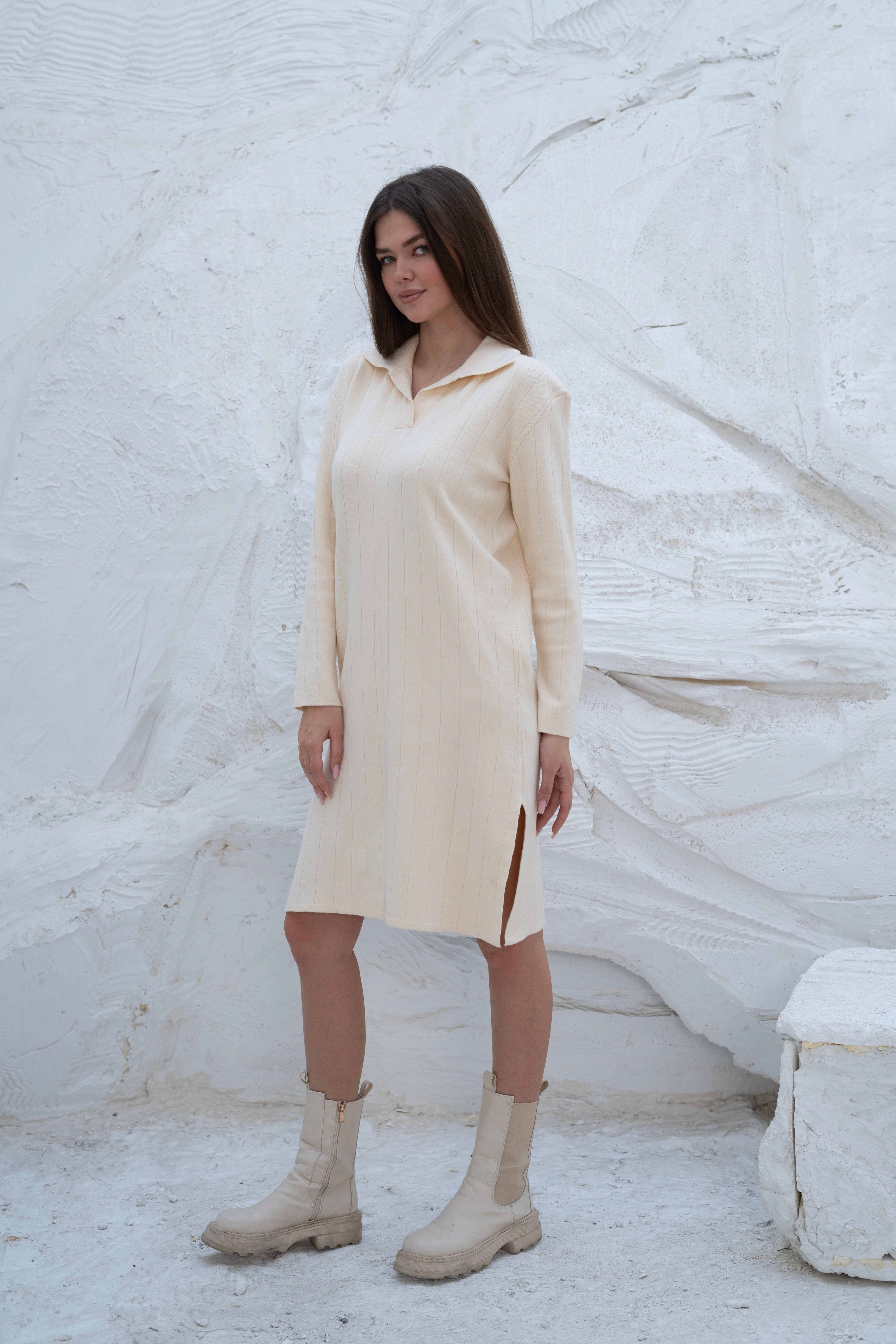 Creamy Ribbed Knit Gumus Dress with Side Slits