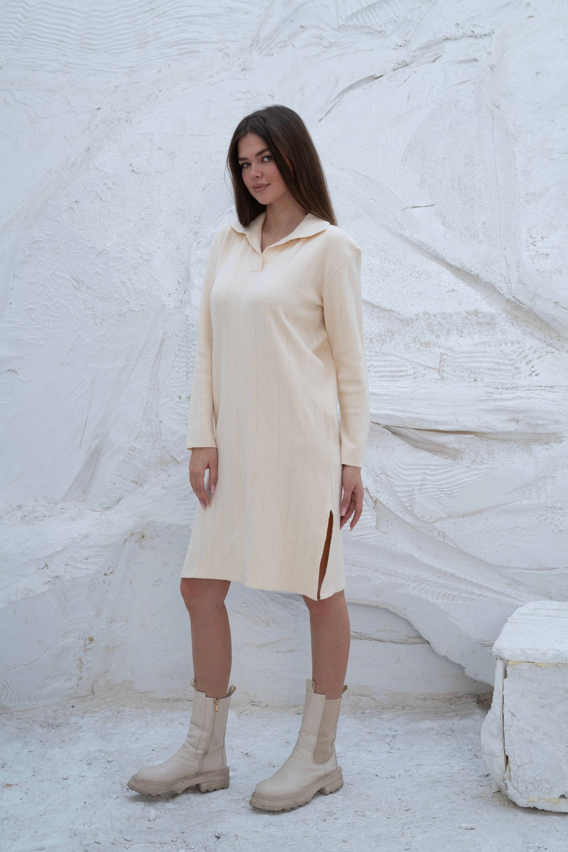 Creamy Ribbed Knit Gumus Dress with Side Slits