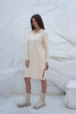 Image of Creamy Ribbed Knit Gumus Dress with Side Slits