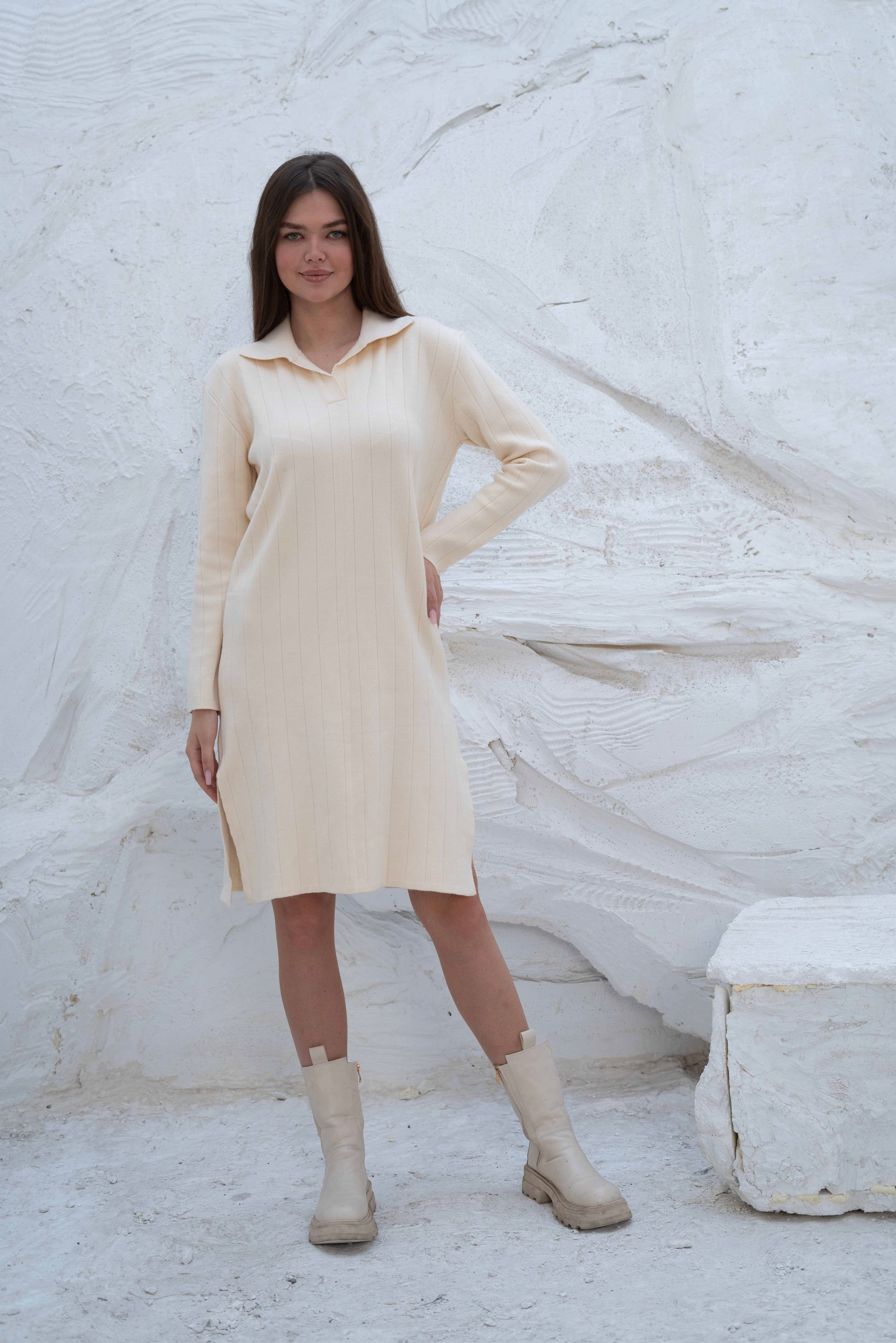 Creamy Ribbed Knit Gumus Dress with Side Slits