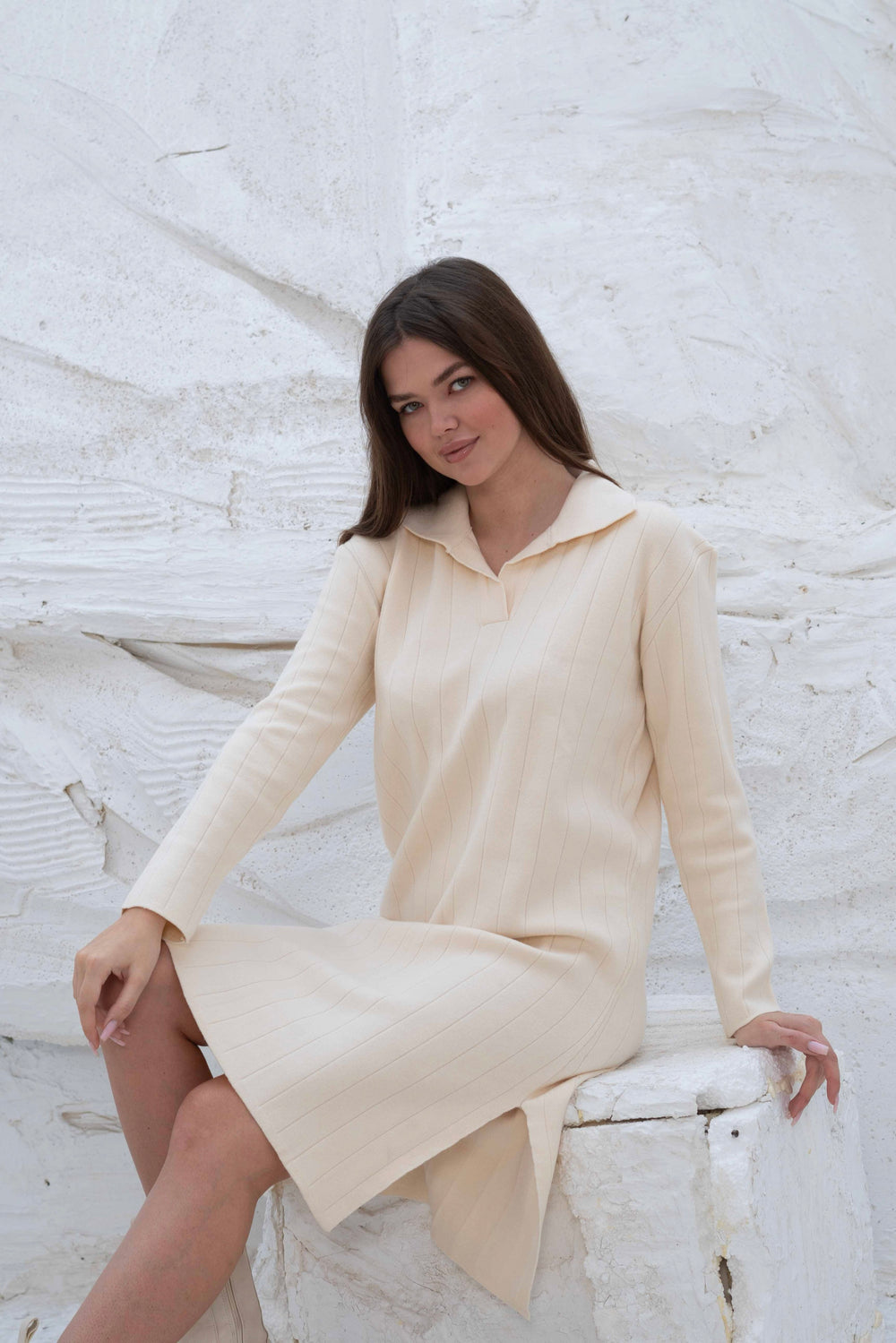 Creamy Ribbed Knit Gumus Dress with Side Slits — dresses by Gumus