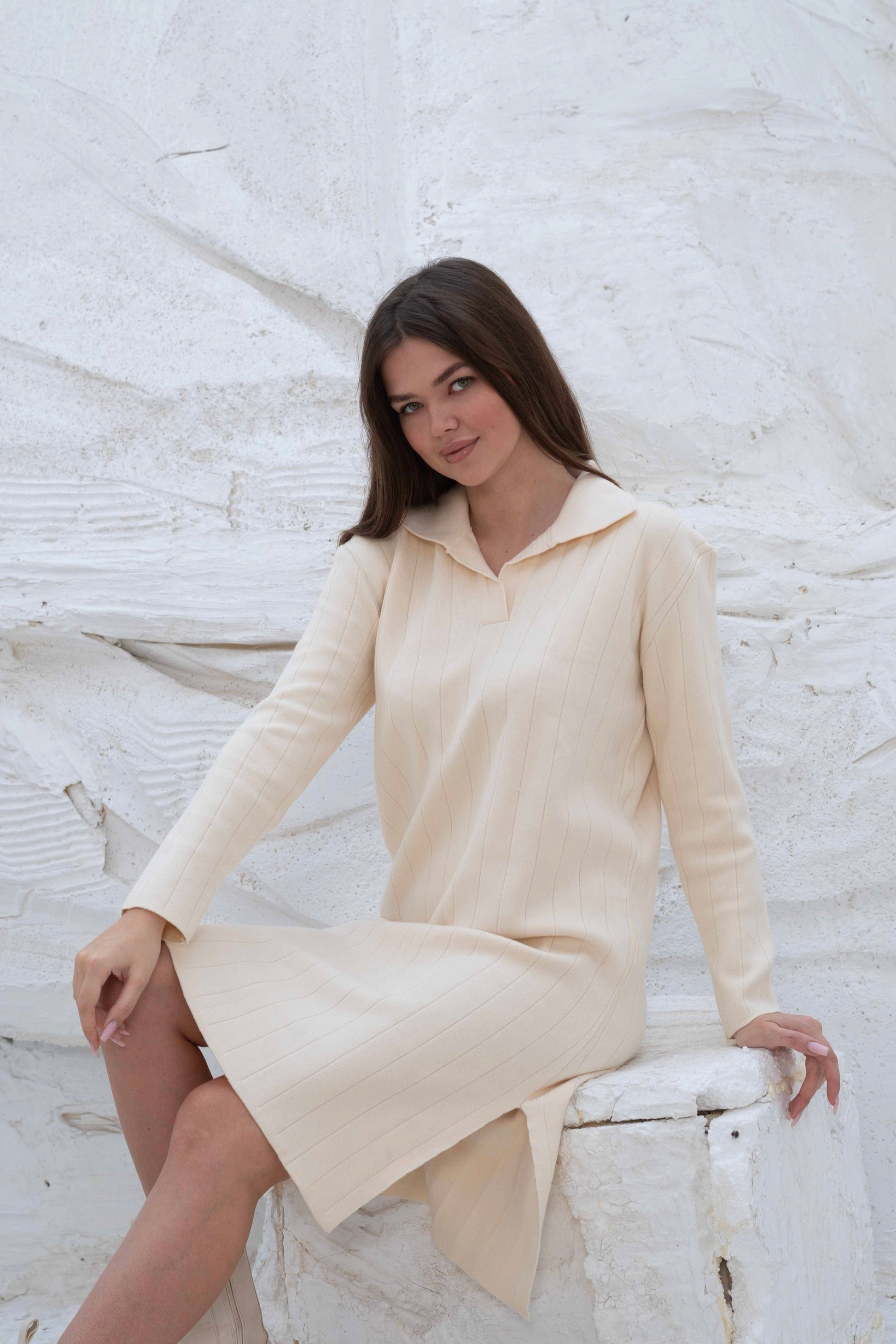 Creamy Ribbed Knit Gumus Dress with Side Slits