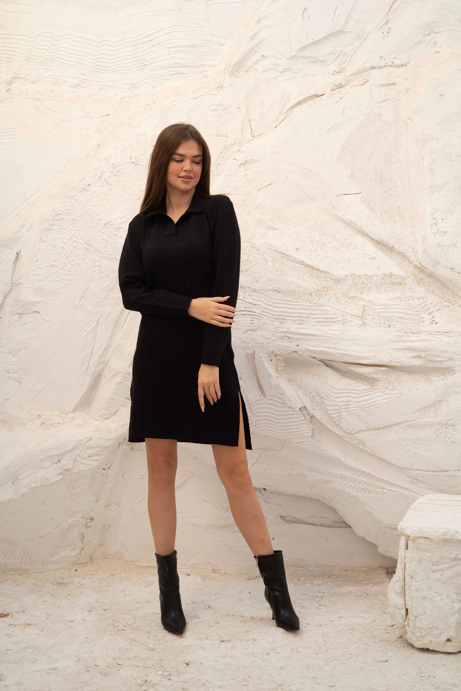 Black Ribbed Knit Gumus Dress with Side Slits