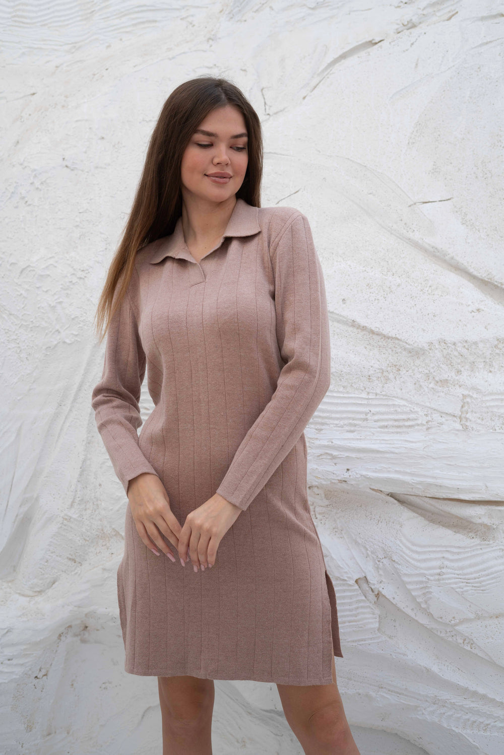 Beige Ribbed Knit Gumus Dress with Side Slits — dresses by Gumus