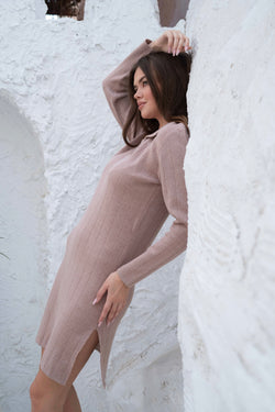 Image of Beige Ribbed Knit Gumus Dress with Side Slits