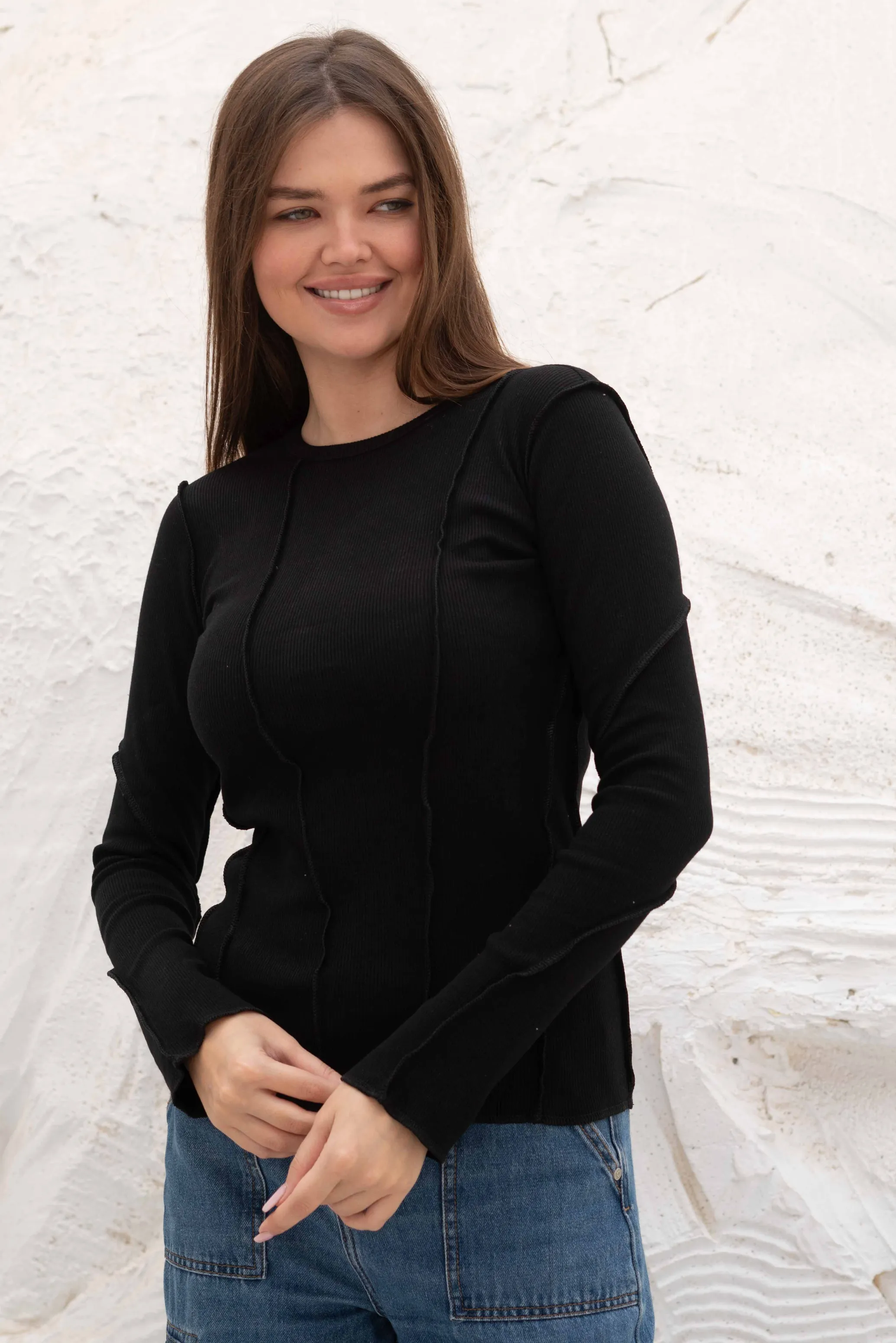 Elegant SlimFit Ribbed Seamline Long Sleeve Top