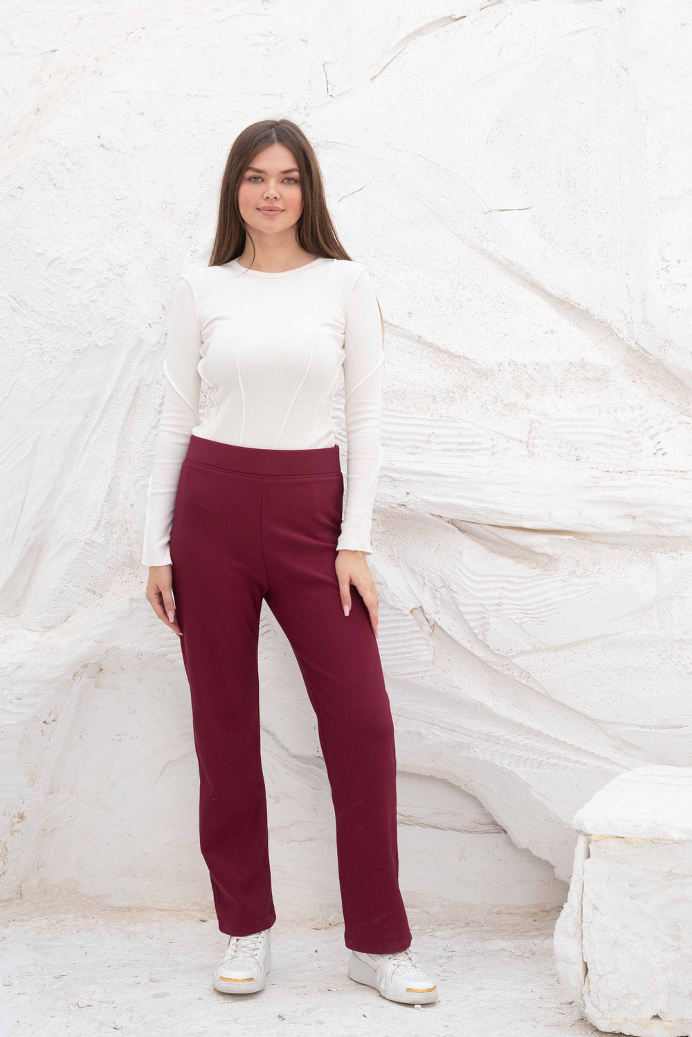 High waisted straight leg ribbed knit pants — trousers by Gumus