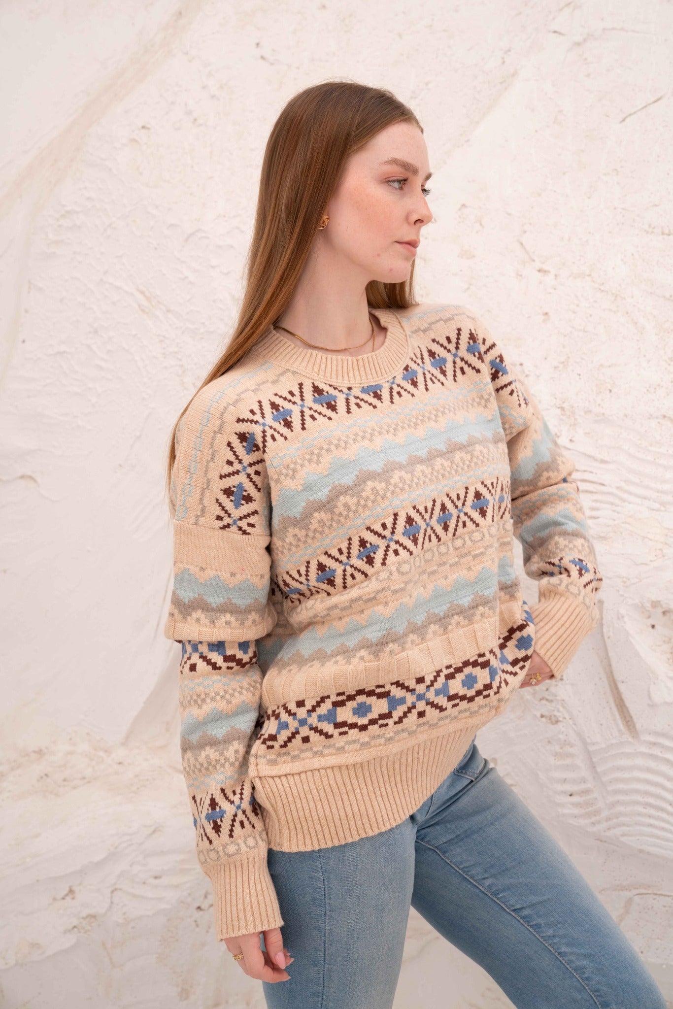 Beige Women’s Patterned Knit Pullover