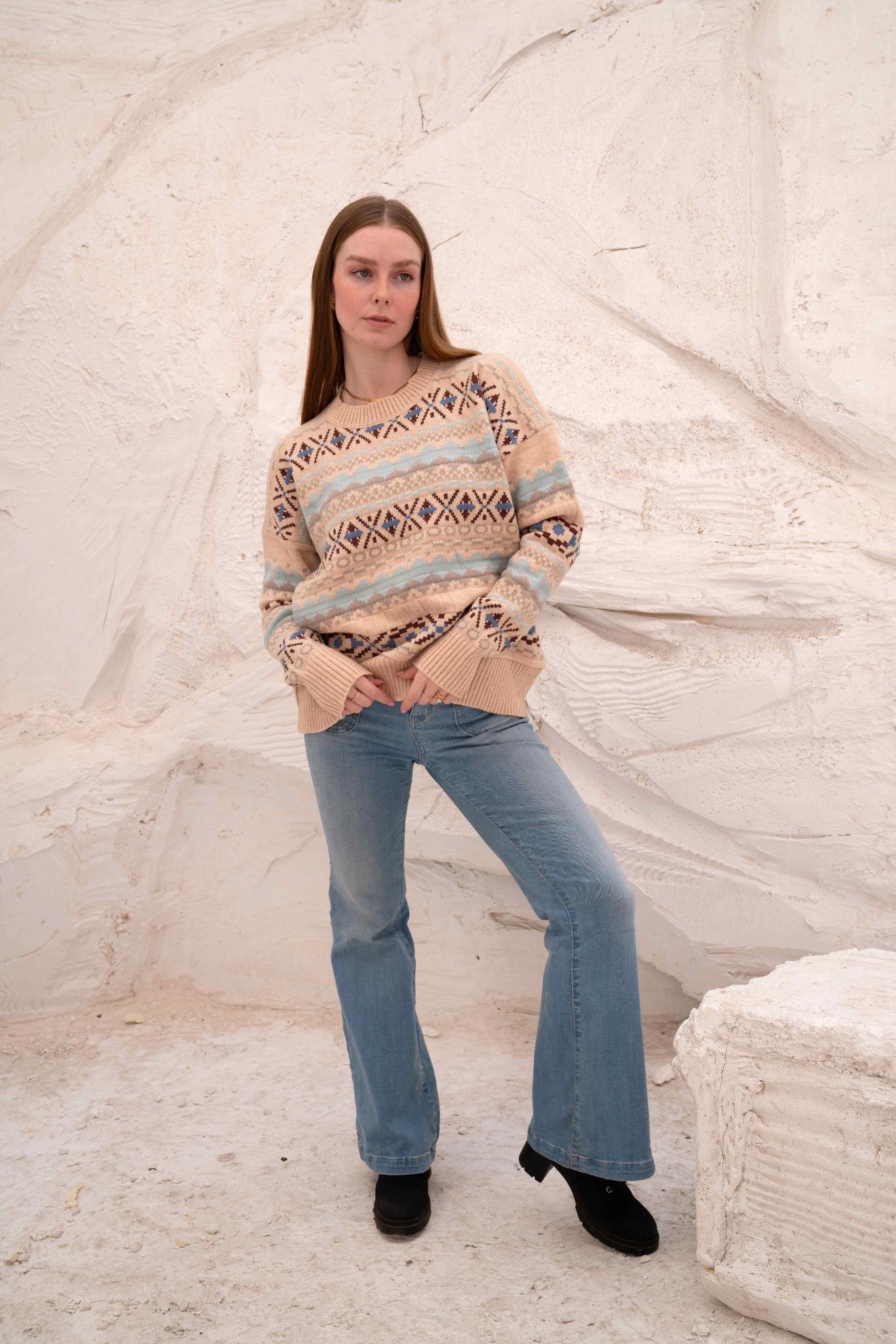 Beige Women’s Patterned Knit Pullover