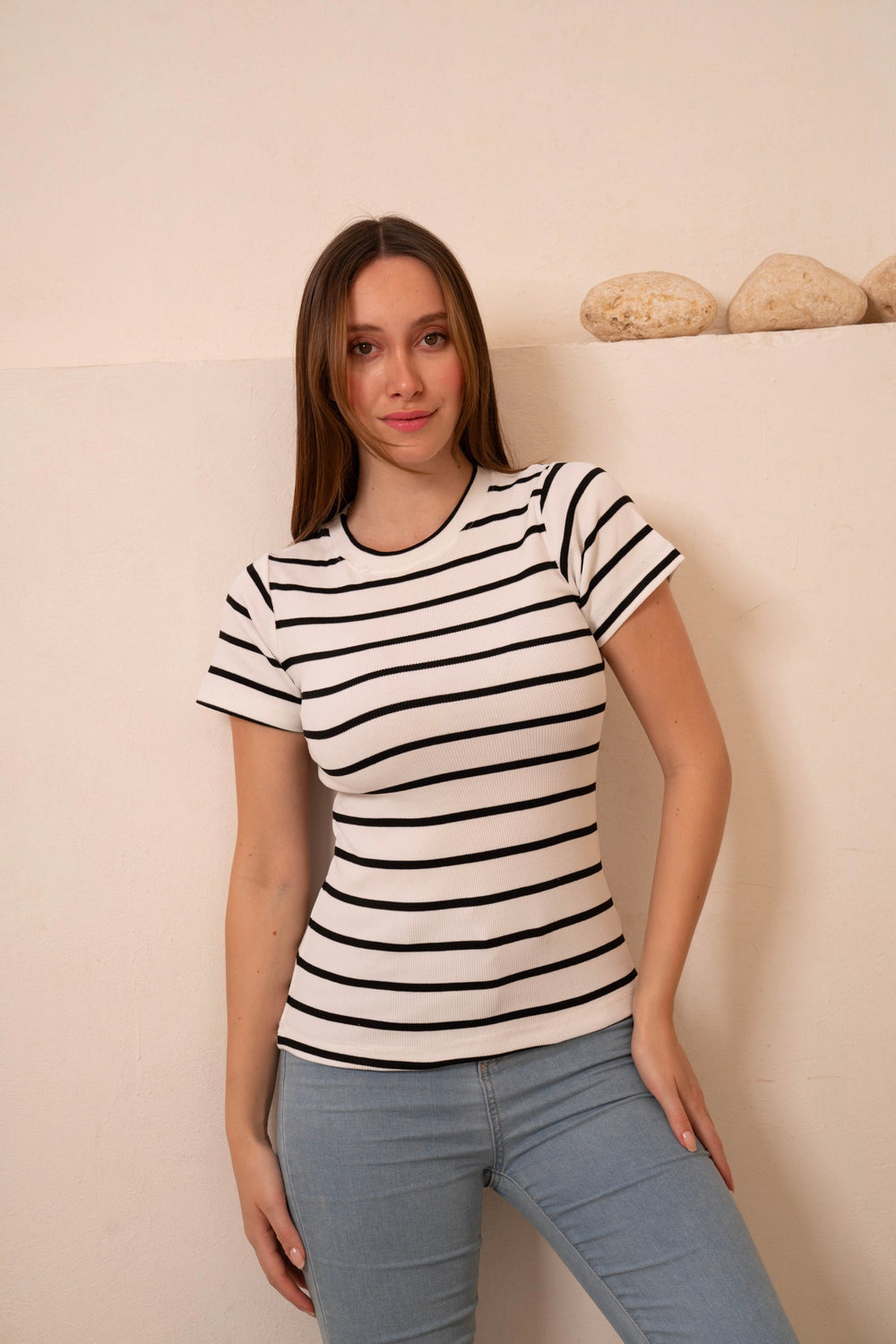 White Striped Short Sleeve Top — tops by Gumus