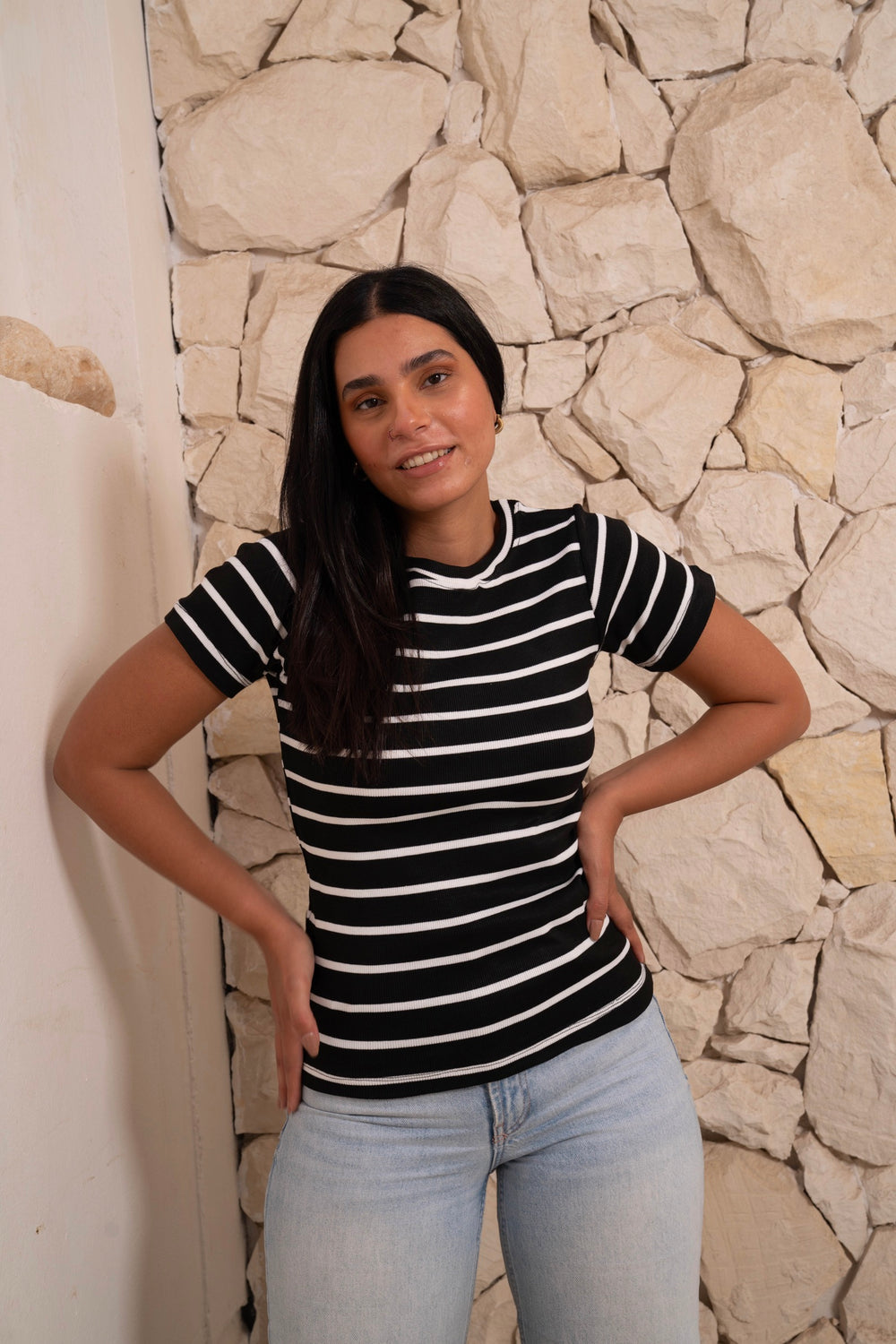Black Striped Short Sleeve Top — tops by Gumus