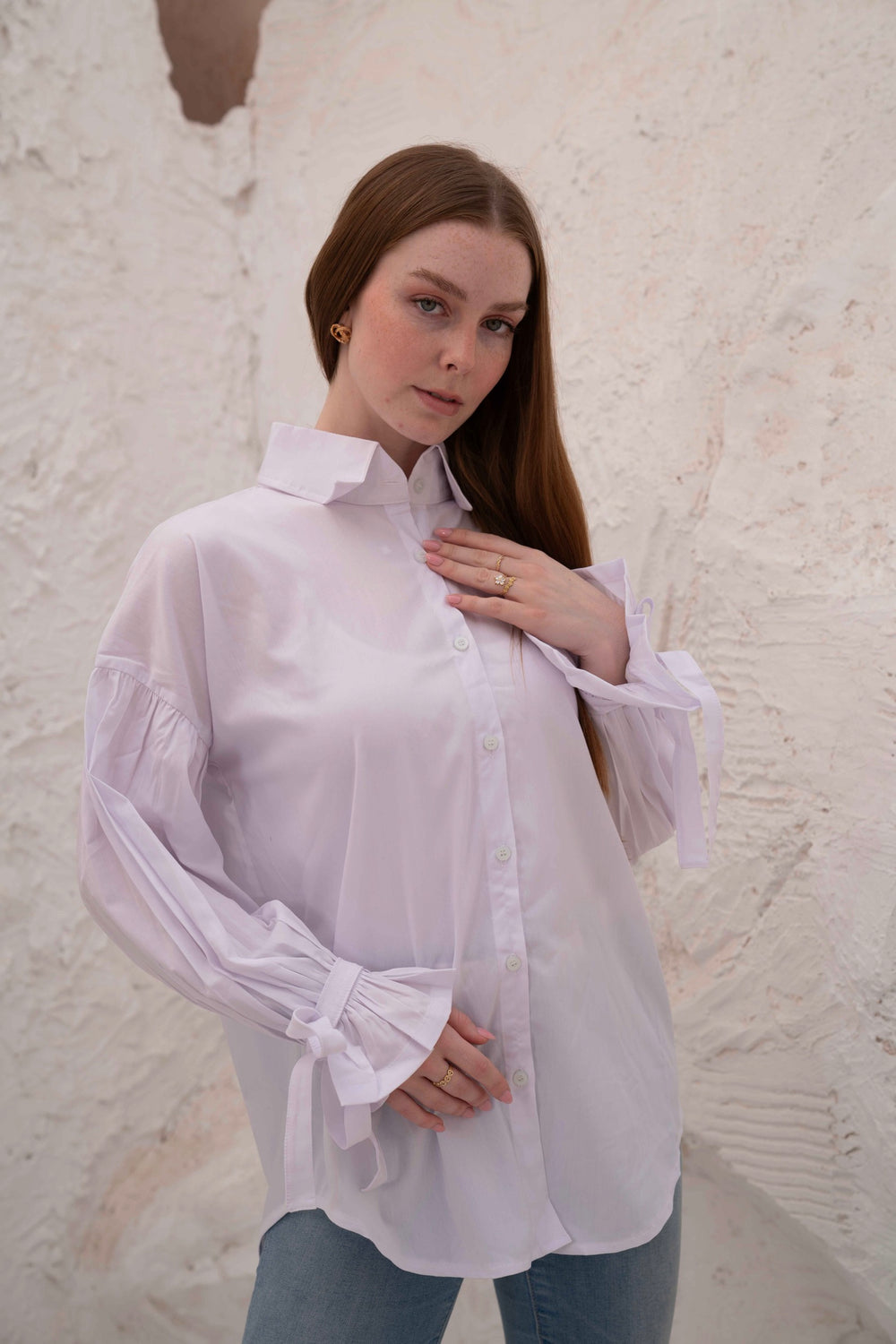 Oversized White Shirt with Tie Sleeves — tops by Gumus