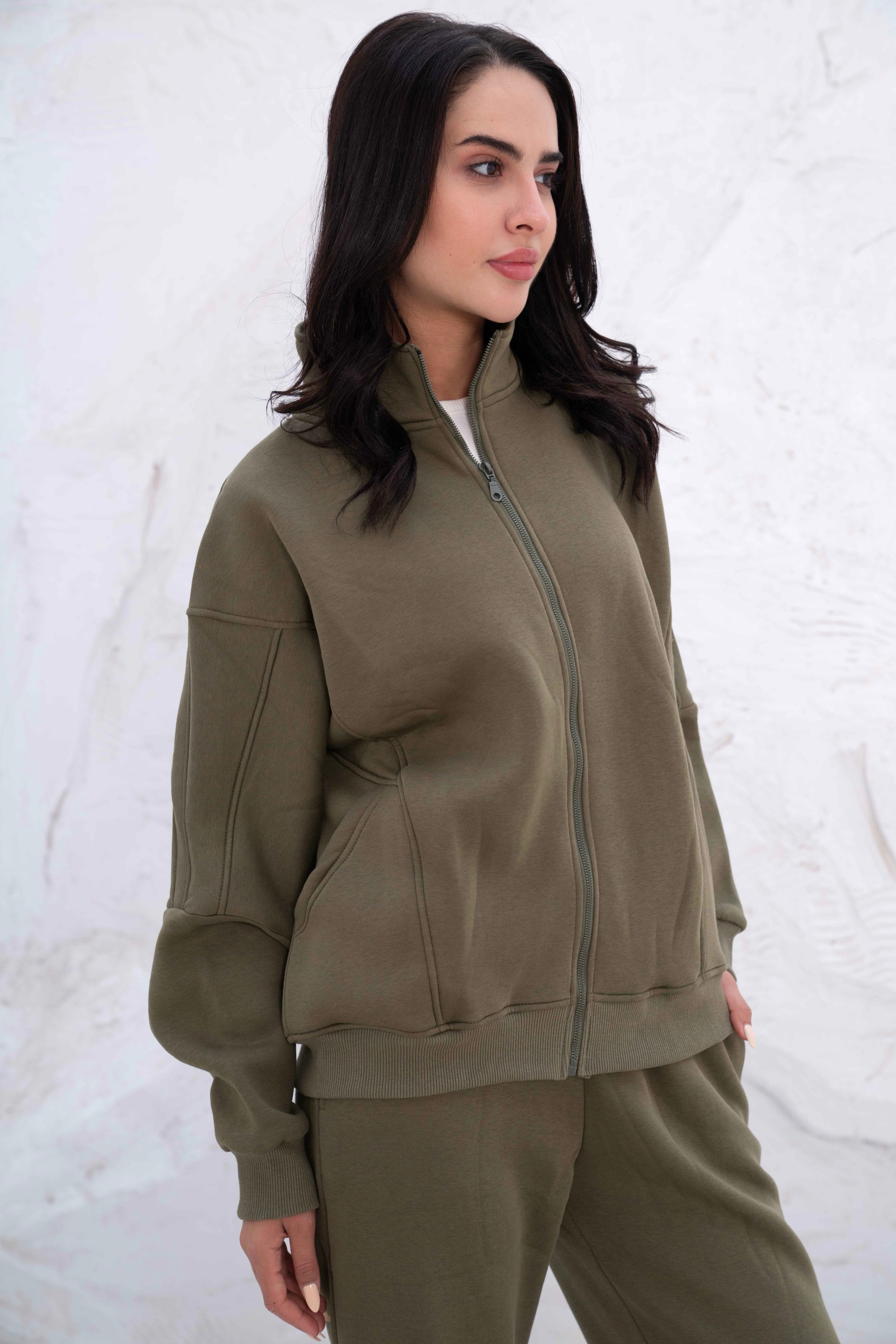 Olive Green Relaxed Fit Tracksuit with High Collar