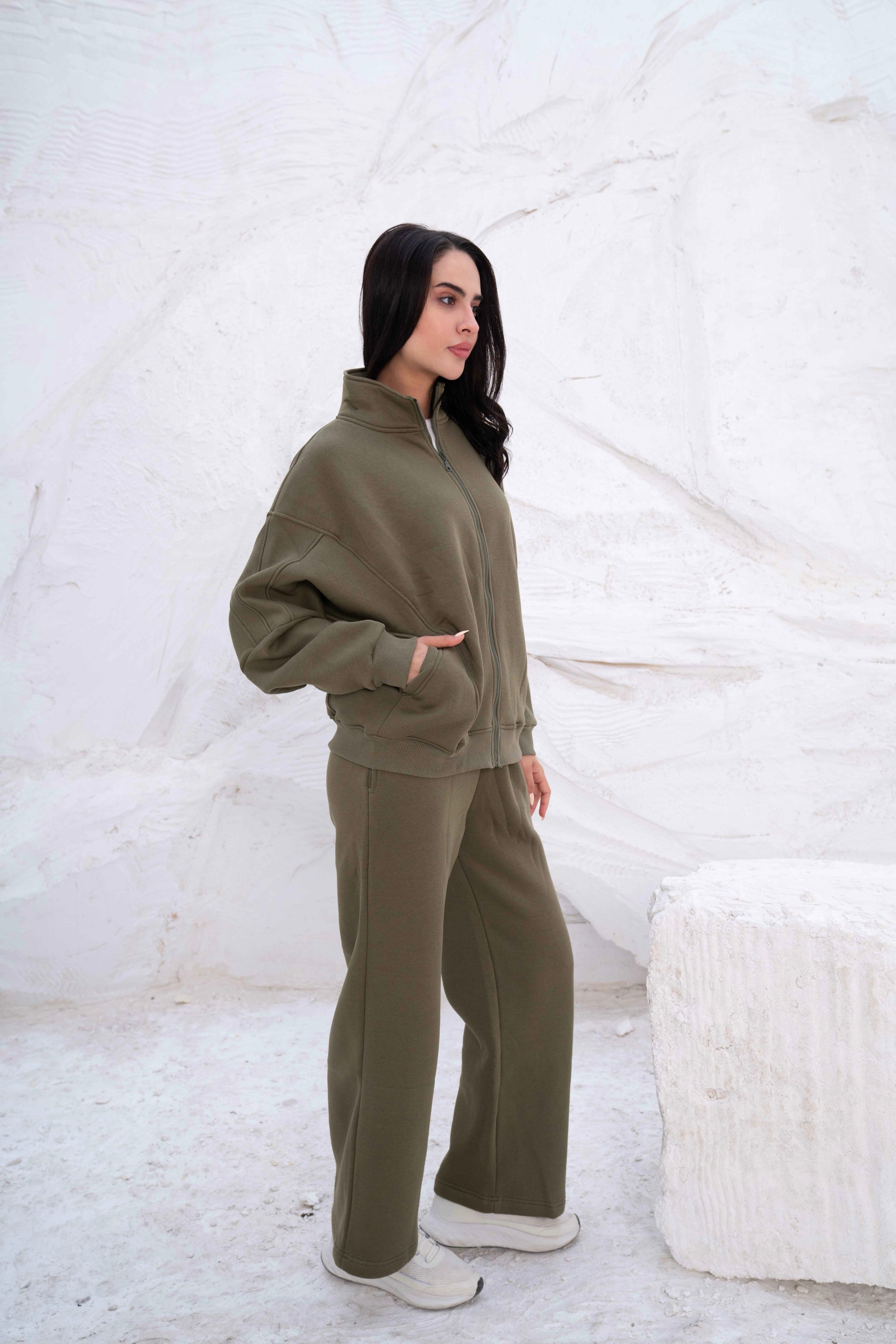 Olive Green Relaxed Fit Tracksuit with High Collar