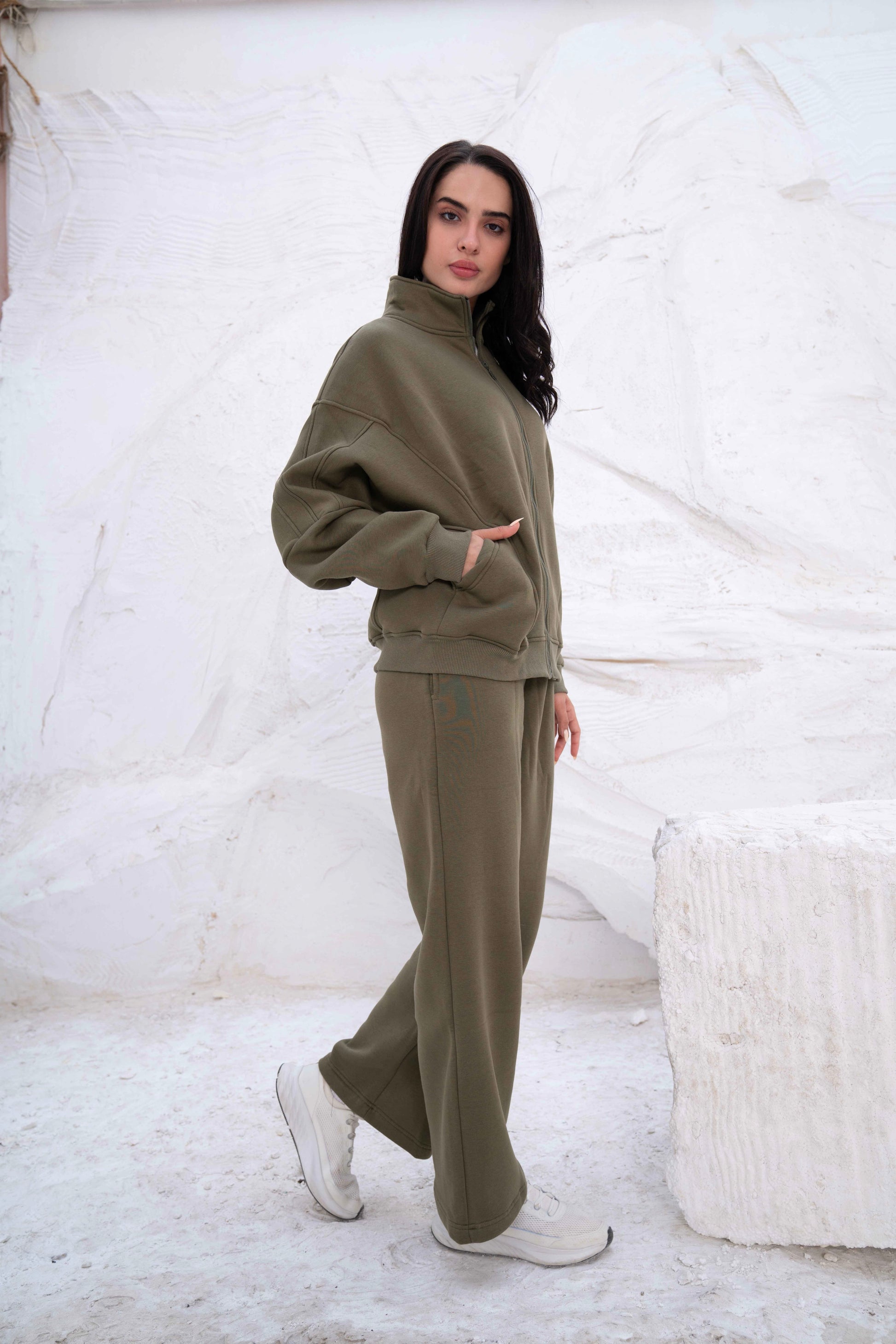 Olive Green Relaxed Fit Tracksuit with High Collar