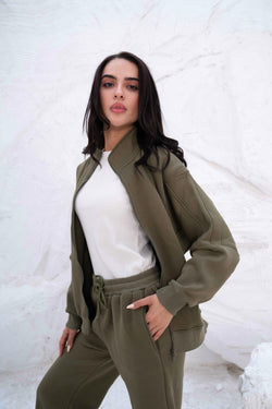 Image of Olive Green Relaxed Fit Tracksuit with High Collar