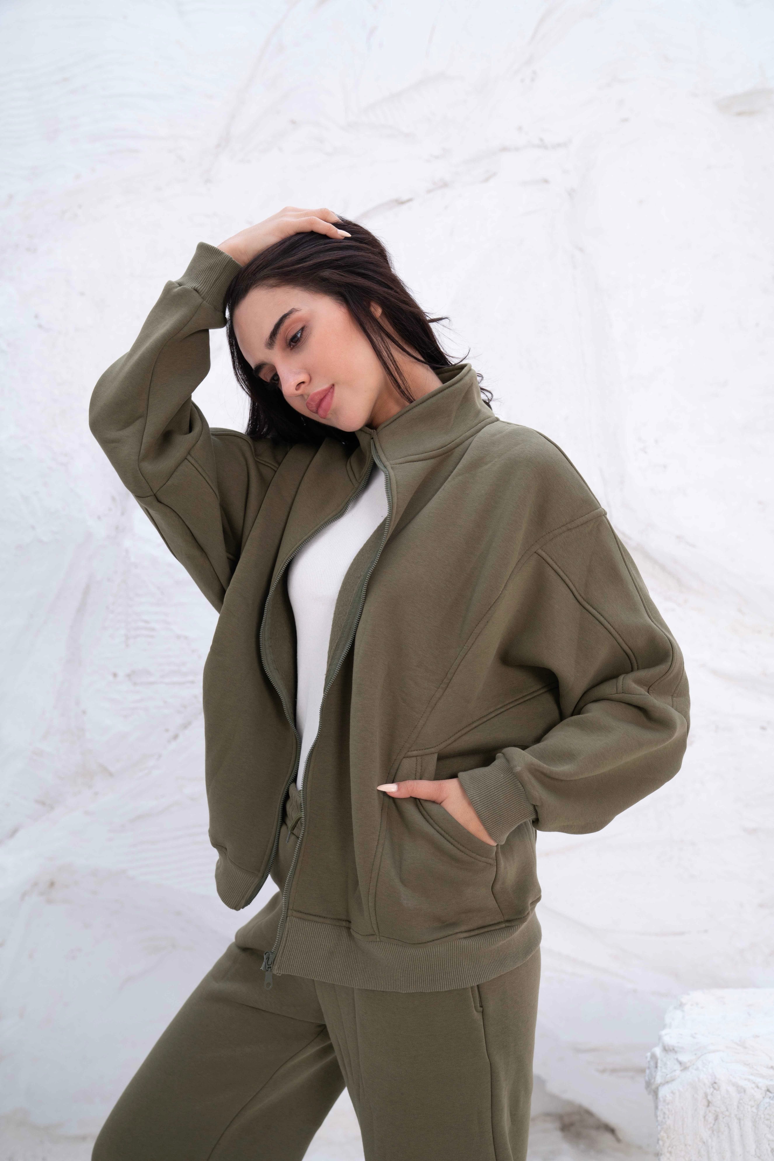 Olive Green Relaxed Fit Tracksuit with High Collar