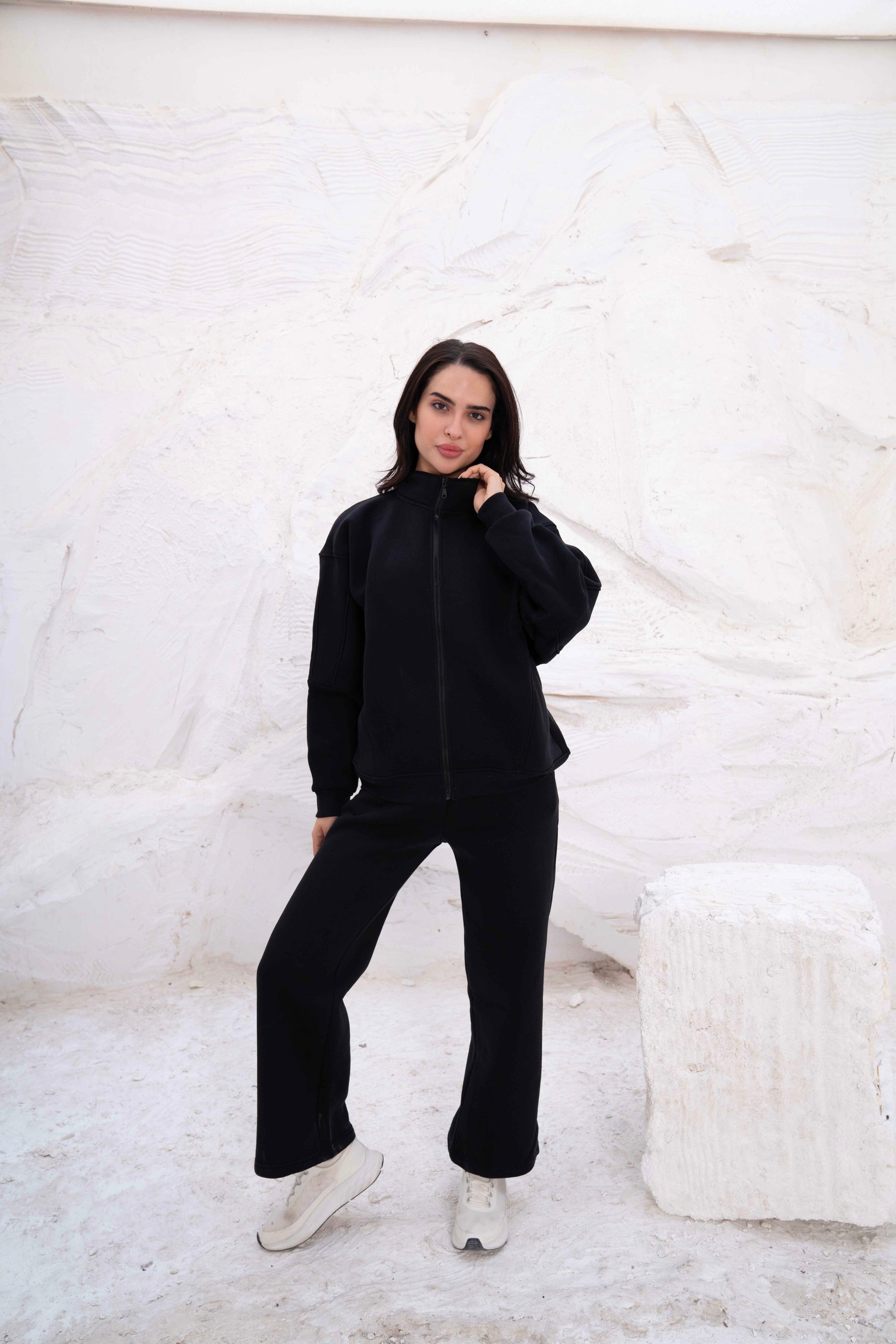 Black Relaxed Fit Tracksuit with High Collar