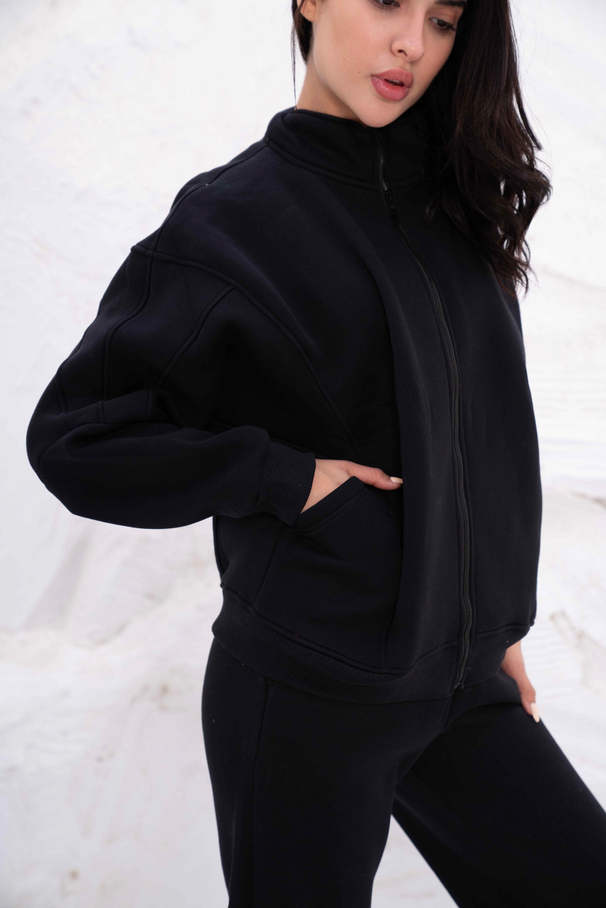 Black Relaxed Fit Tracksuit with High Collar