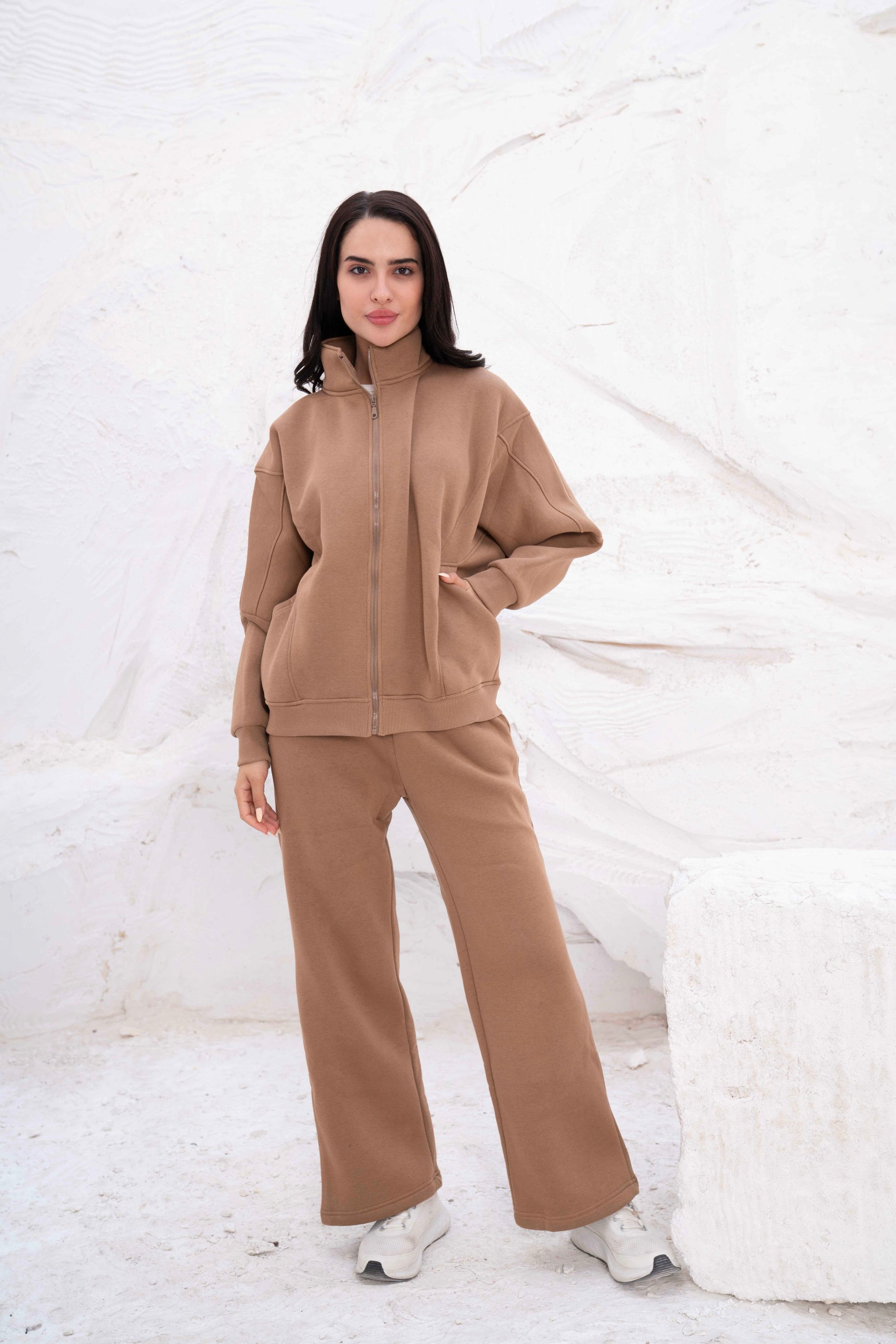 Beige Relaxed Fit Tracksuit with High Collar