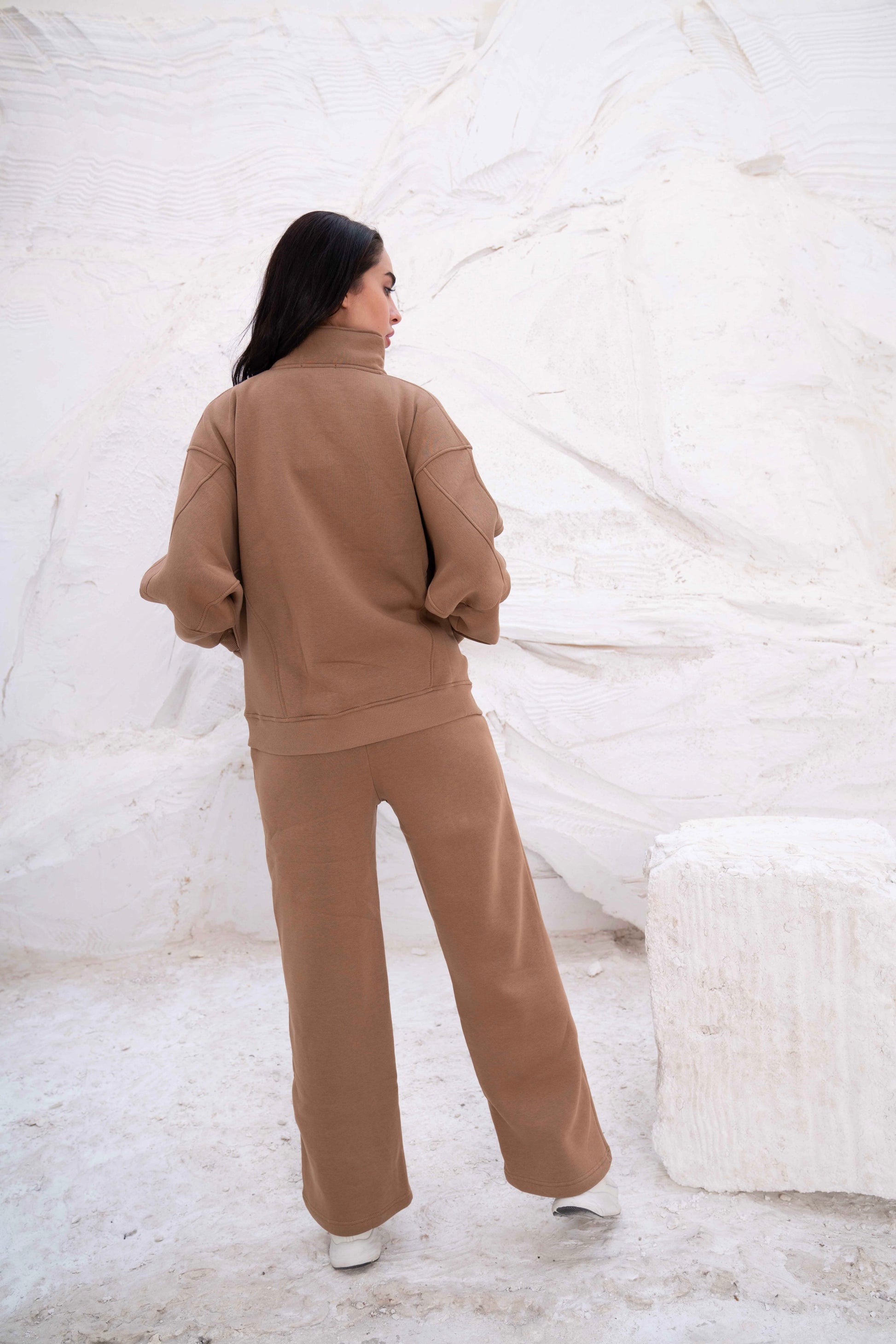 Beige Relaxed Fit Tracksuit with High Collar