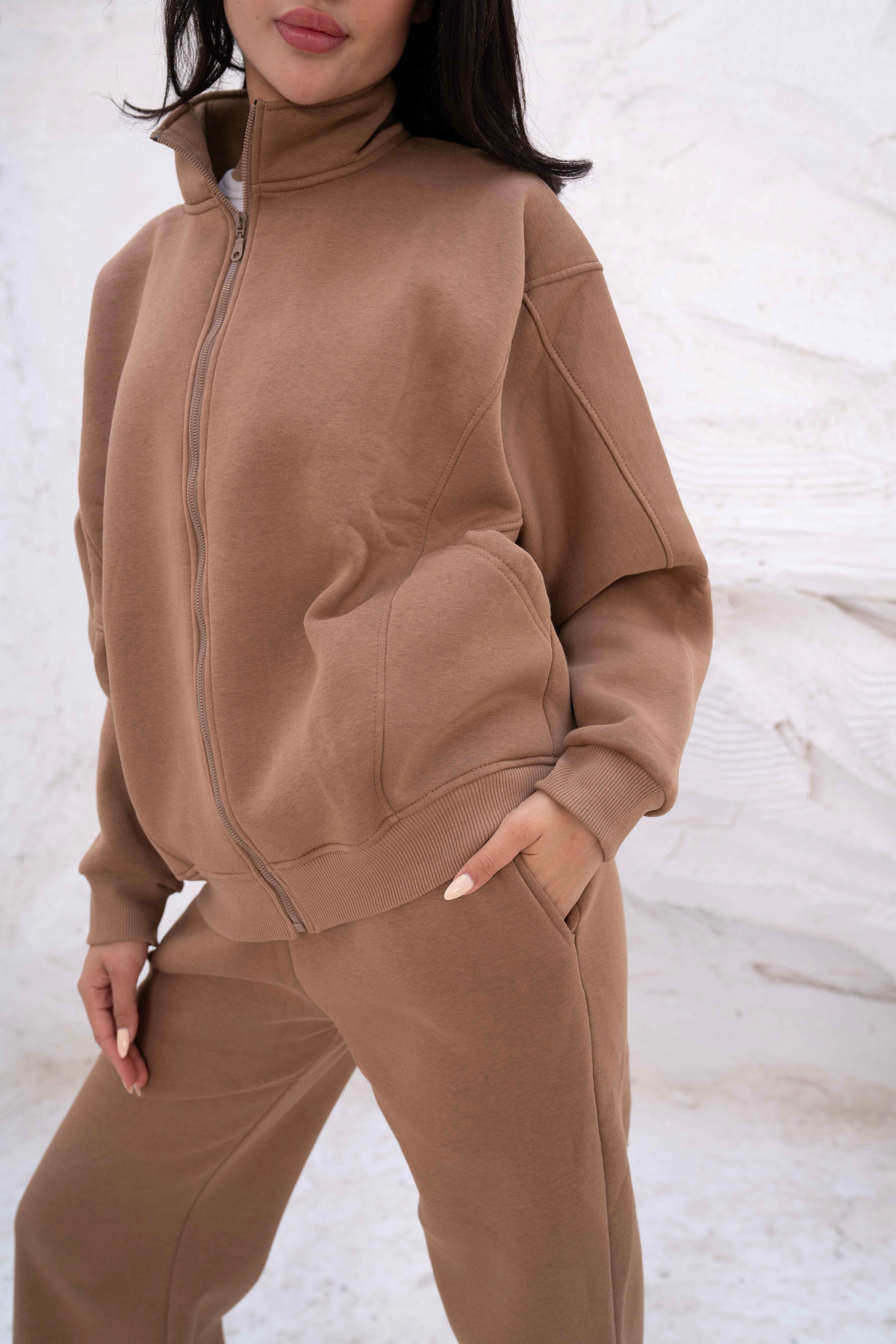 Beige Relaxed Fit Tracksuit with High Collar