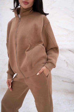 Image of Beige Relaxed Fit Tracksuit with High Collar