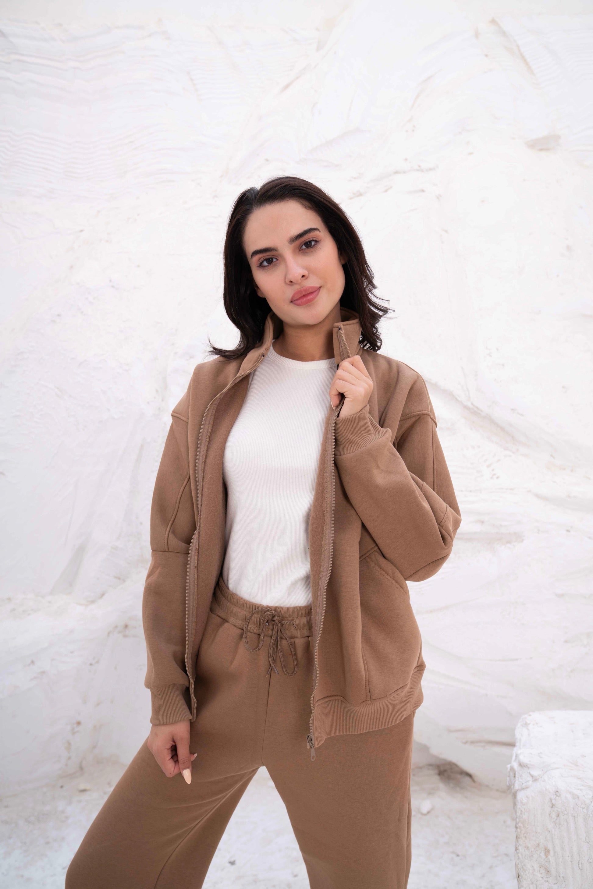 Beige Relaxed Fit Tracksuit with High Collar