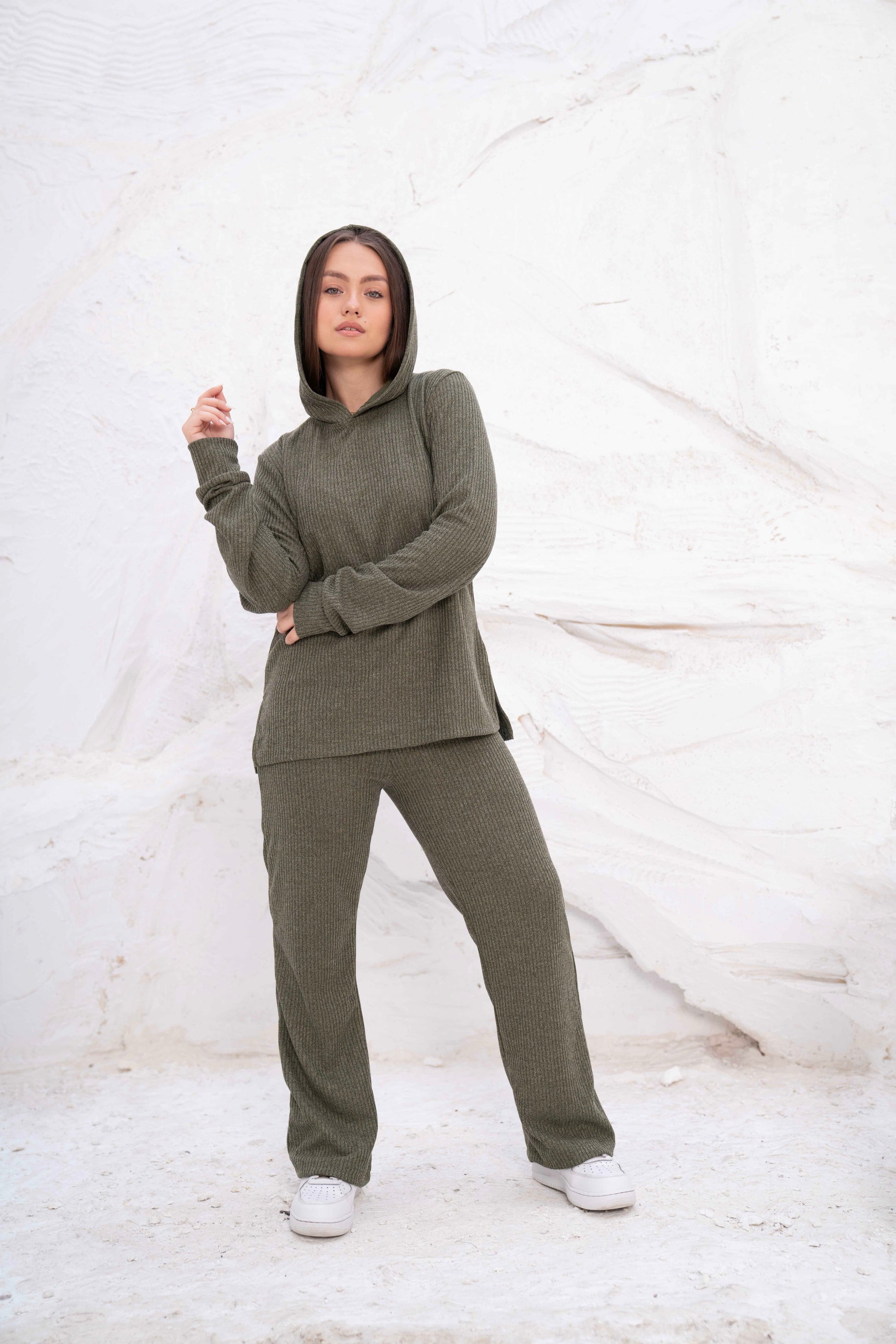 Olive Green Rib Hooded Lounge Set