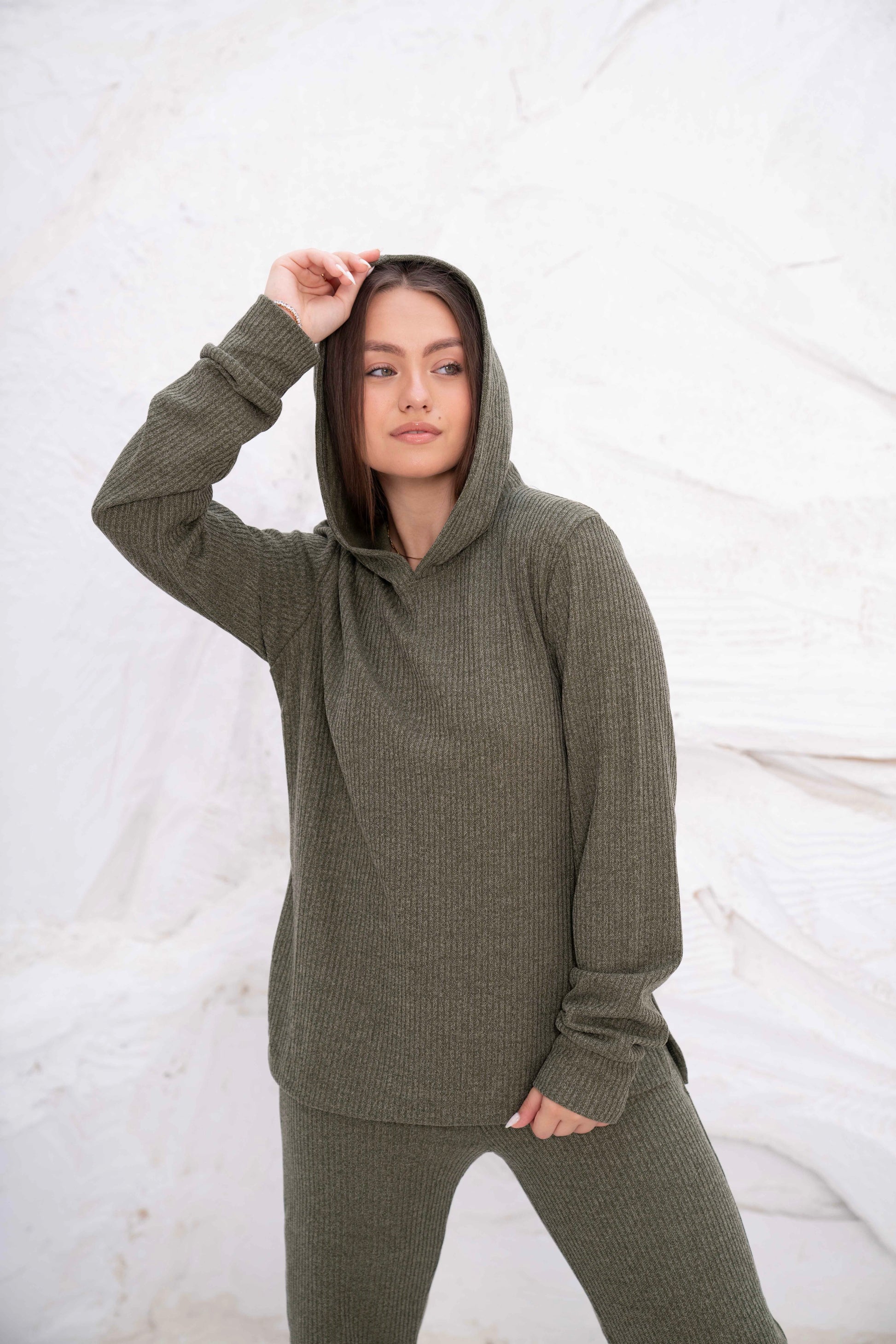 Olive Green Rib Hooded Lounge Set