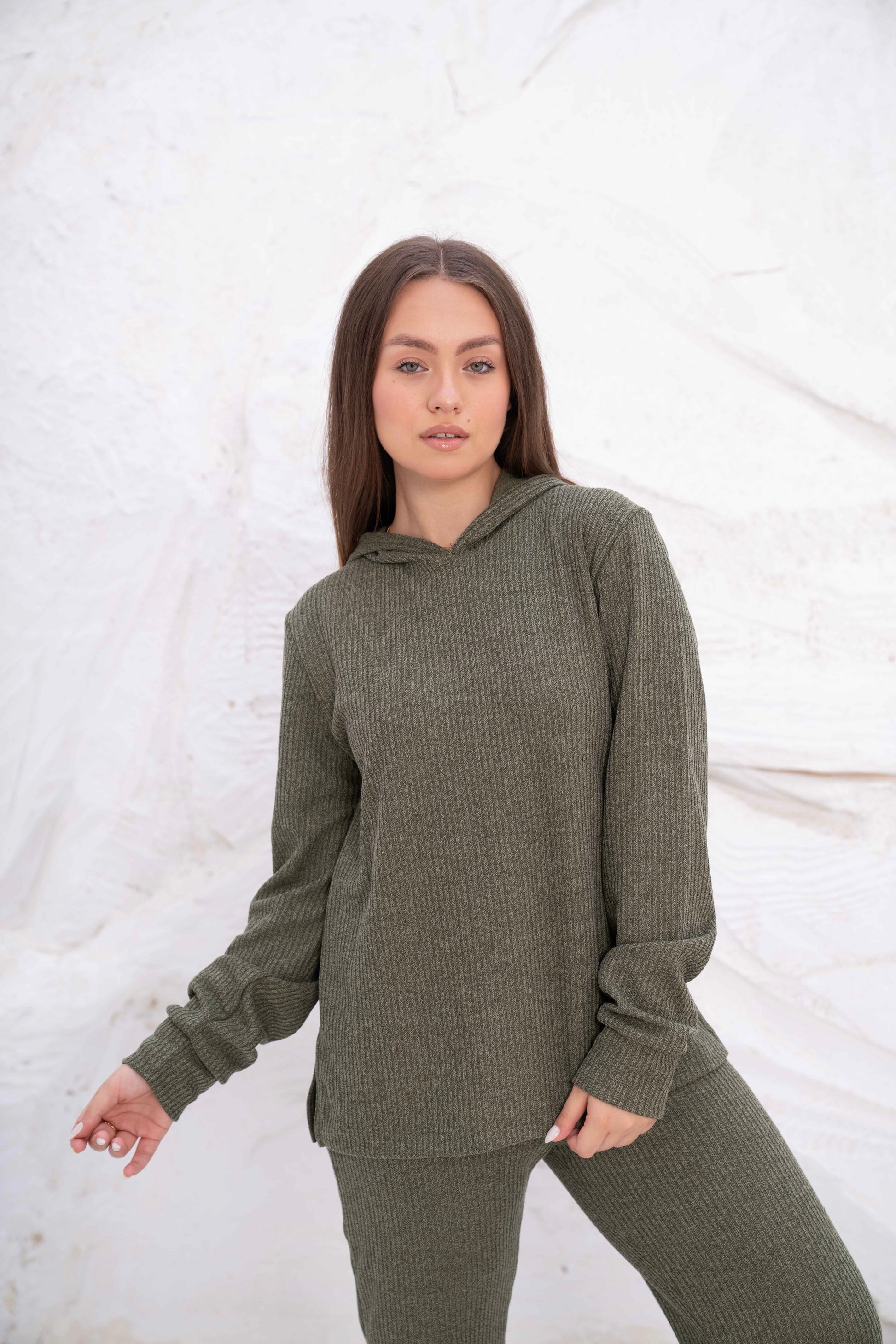 Olive Green Rib Hooded Lounge Set