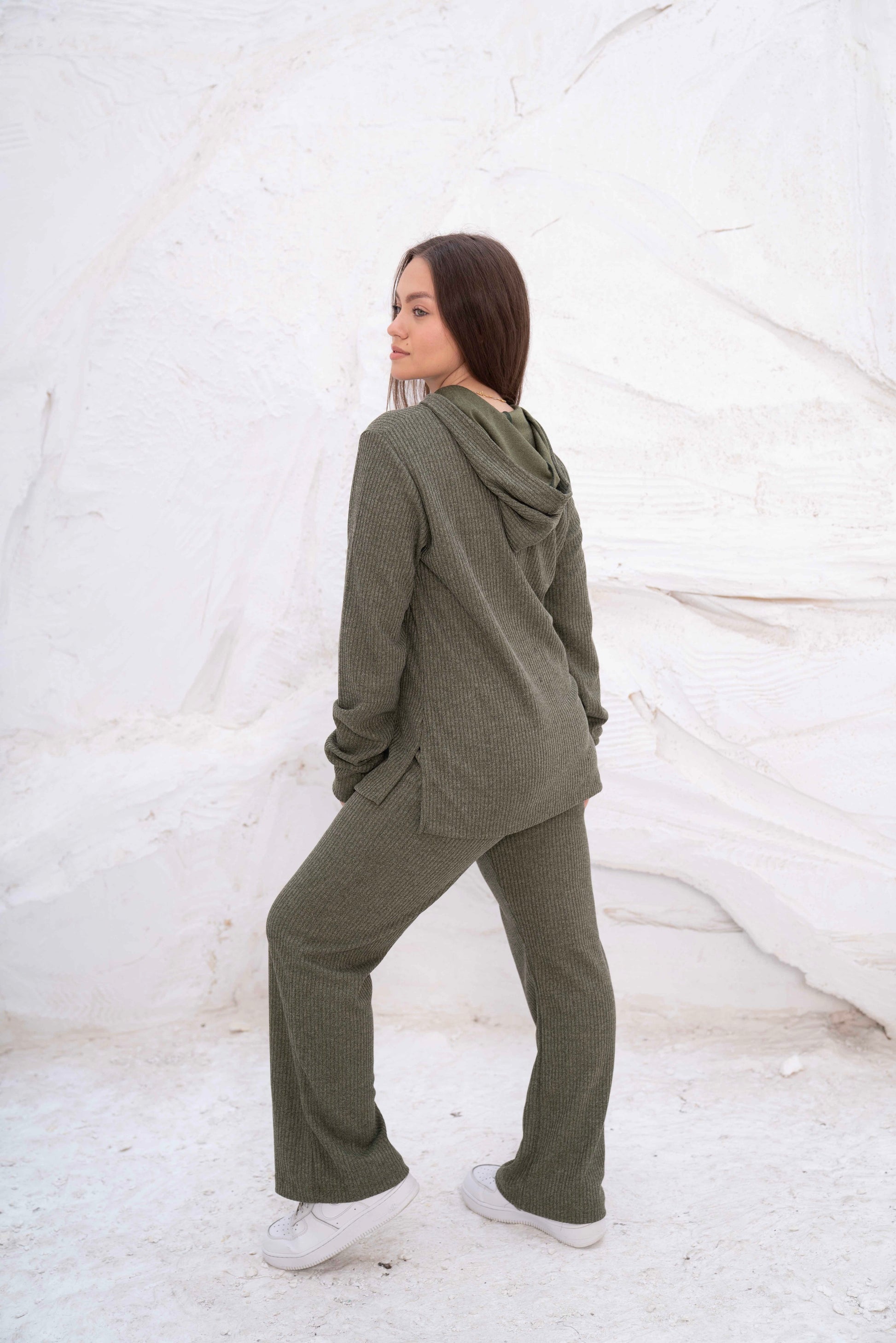 Olive Green Rib Hooded Lounge Set