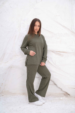 Image of Olive Green Rib Hooded Lounge Set