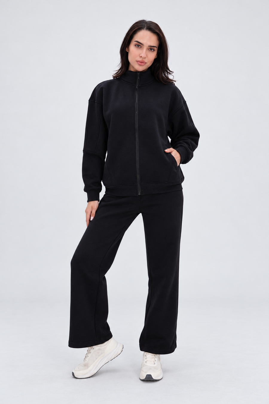 Black Relaxed Fit Tracksuit with High Collar